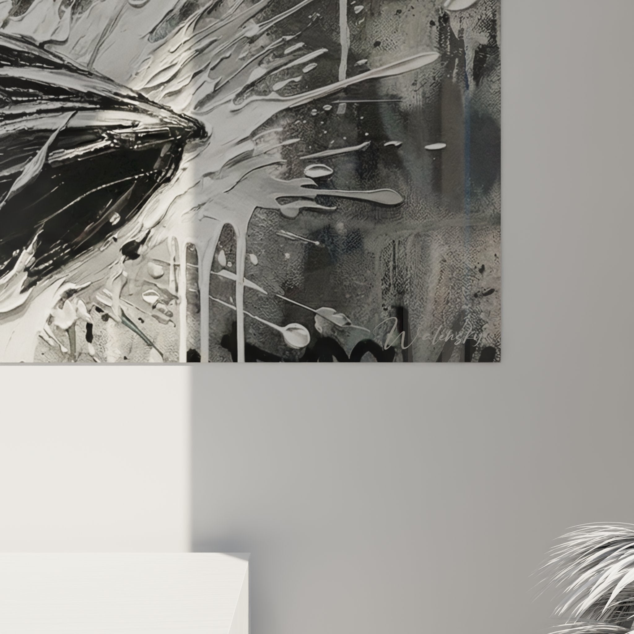 Vue d'ensemble tableau panoramique jet-ski action avec éclaboussures eau style graphique noir blanc urbain