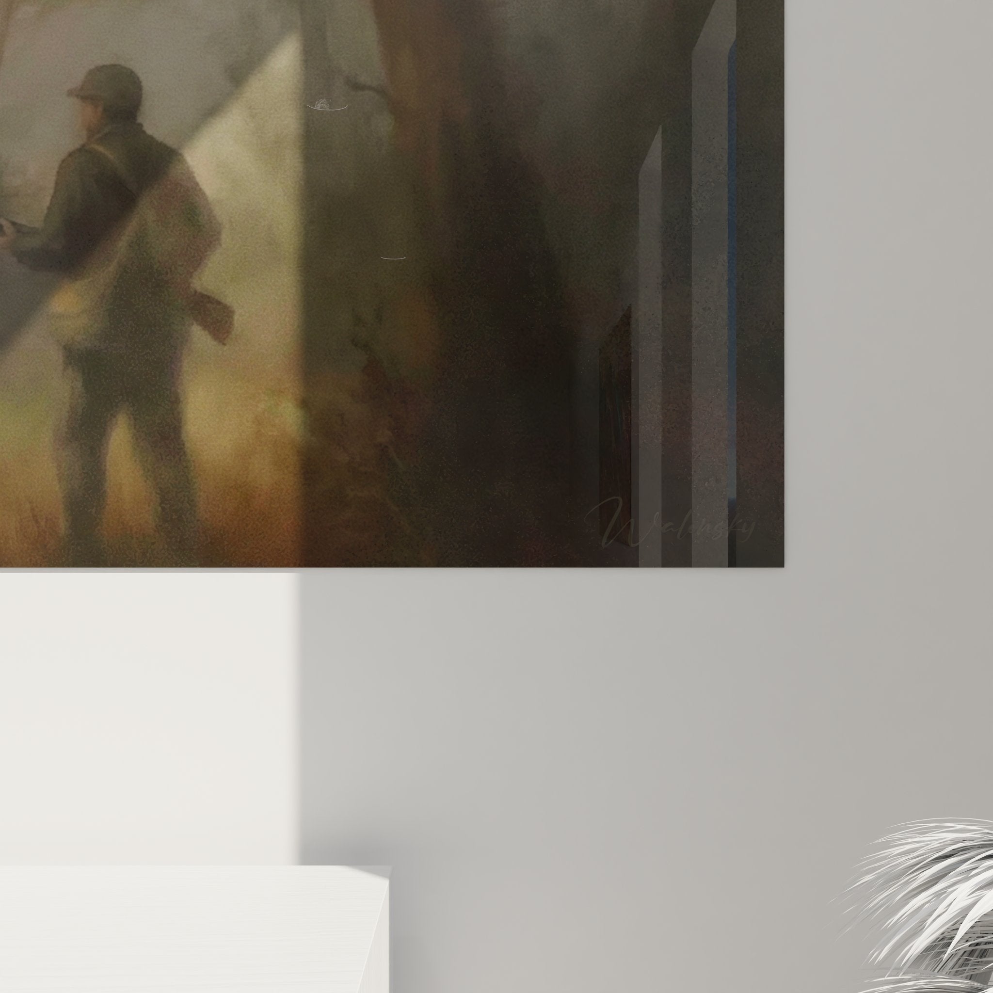 Vue d'ensemble tableau panoramique chasseur, brouillard forestier, art mural grand format, décoration chasse salon