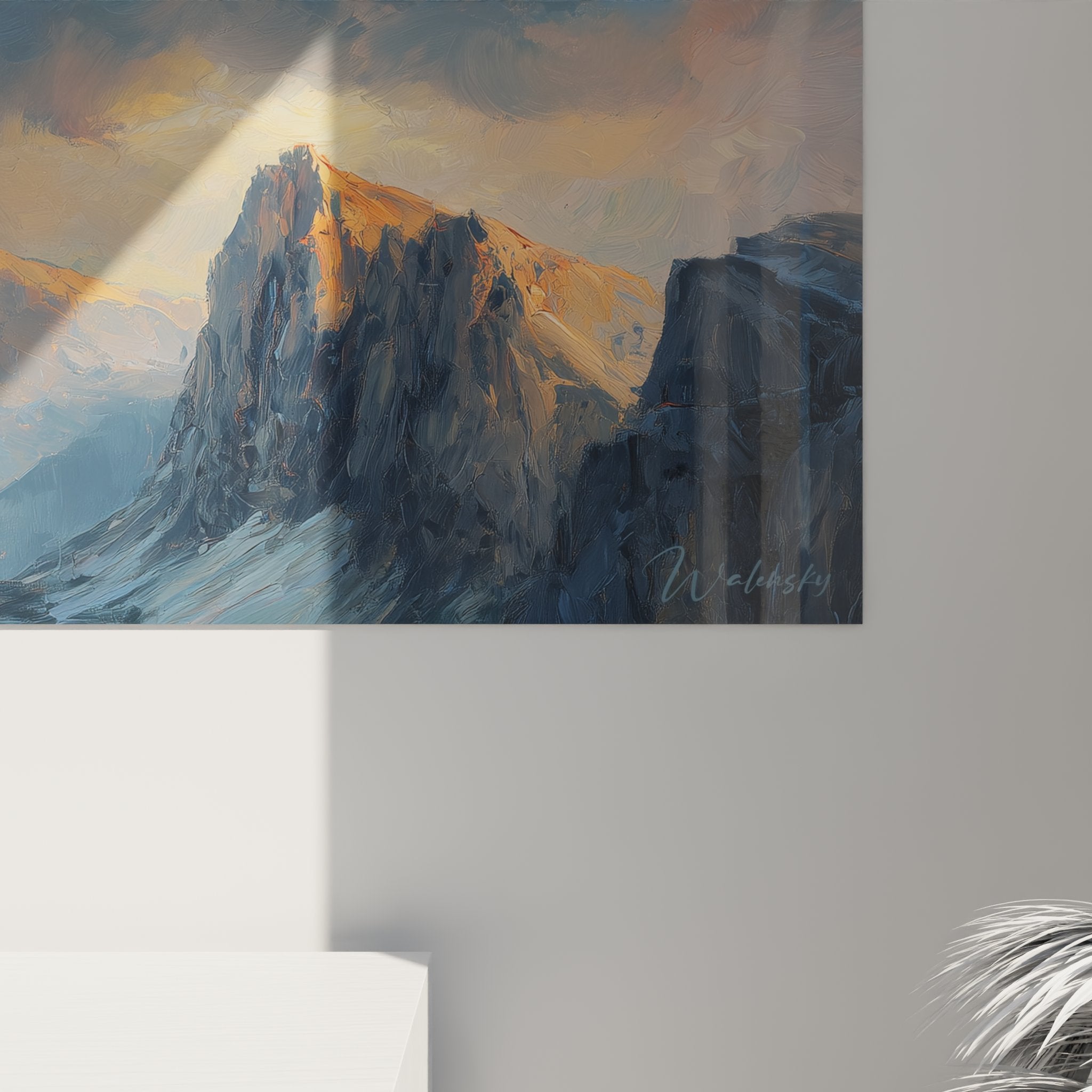 Overview of Dolomites wall art in contemporary living room, showcasing mountain landscape artwork