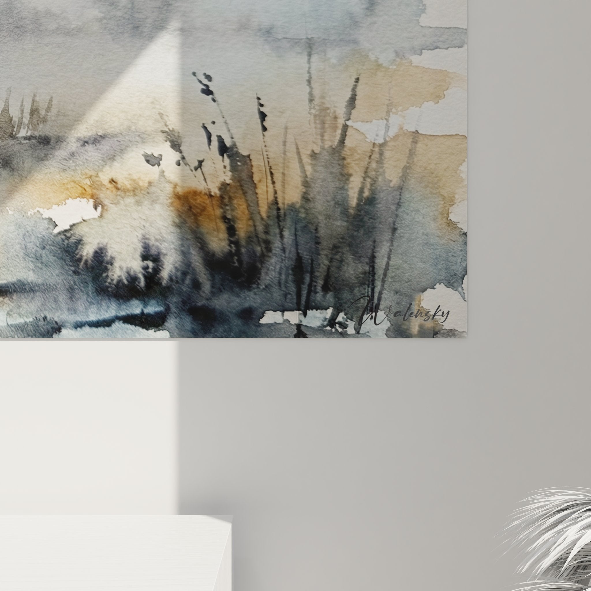 Vue ensemble tableau chasseur marais aquarelle decoration murale art cynégétique tons automnaux