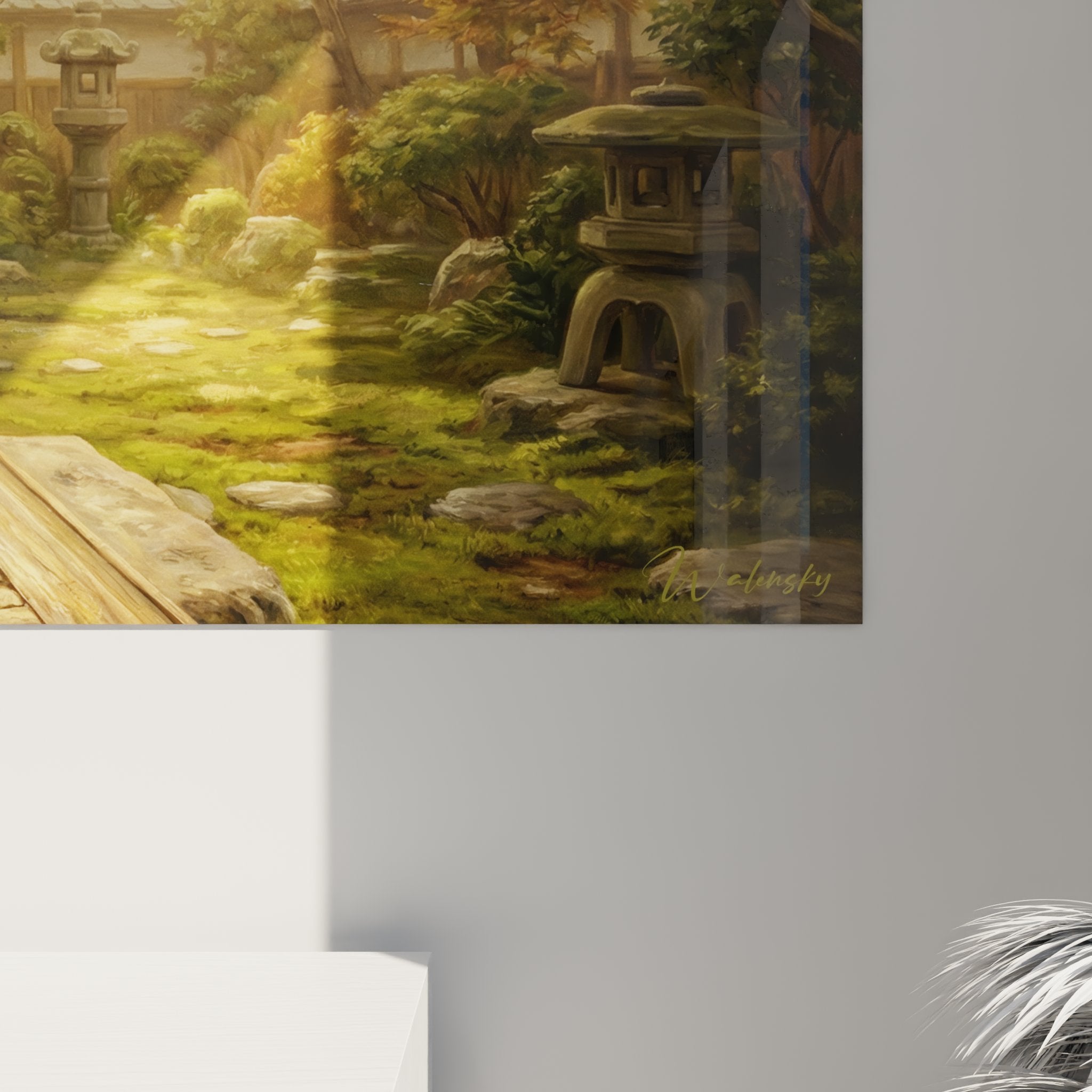 Vista d'insieme quadro murale gatto Japanese Bobtail casa tradizionale giapponese giardino zen lanterna pietra