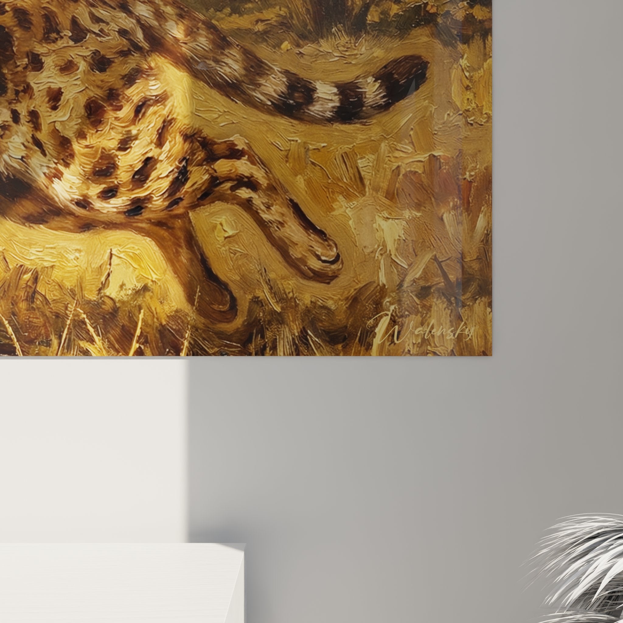 Vue ensemble tableau panoramique chat sauvage dans habitat naturel savane africaine art mural deco moderne