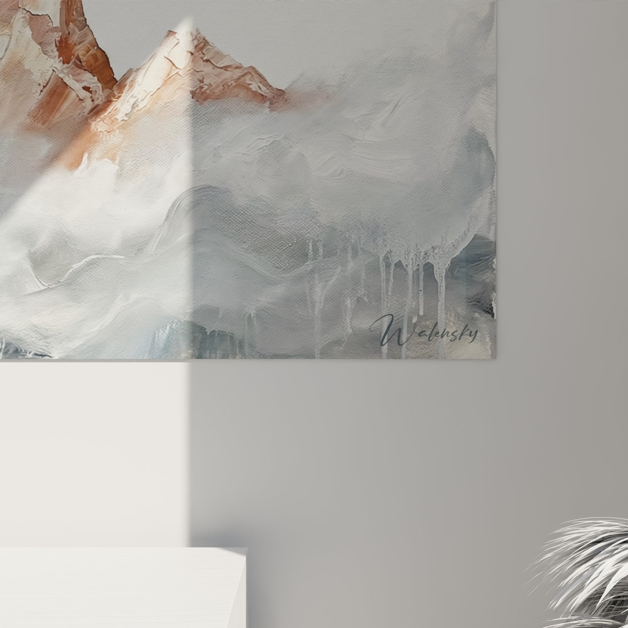 Mountain painting overview in living room, panoramic artwork misty peaks, contemporary wall decoration style