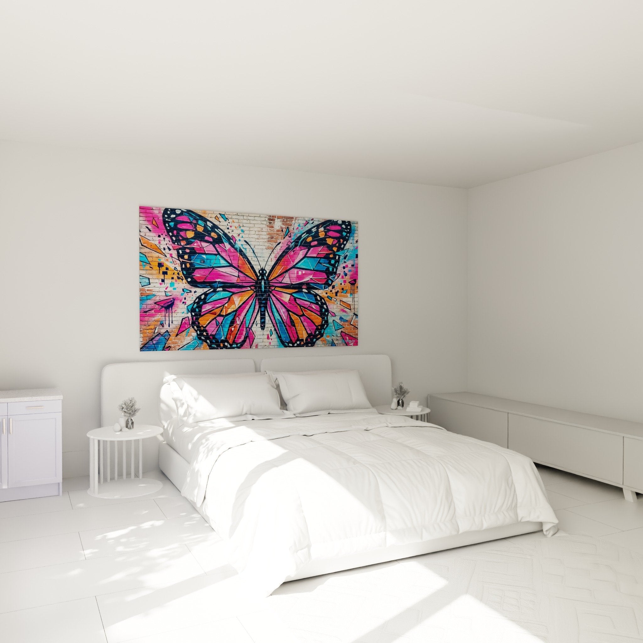 Street-Art-Schmetterling Neon-Wandbild in modernem Schlafzimmer mit weißen Wänden und zeitgenössischer Dekoration aufgehängt