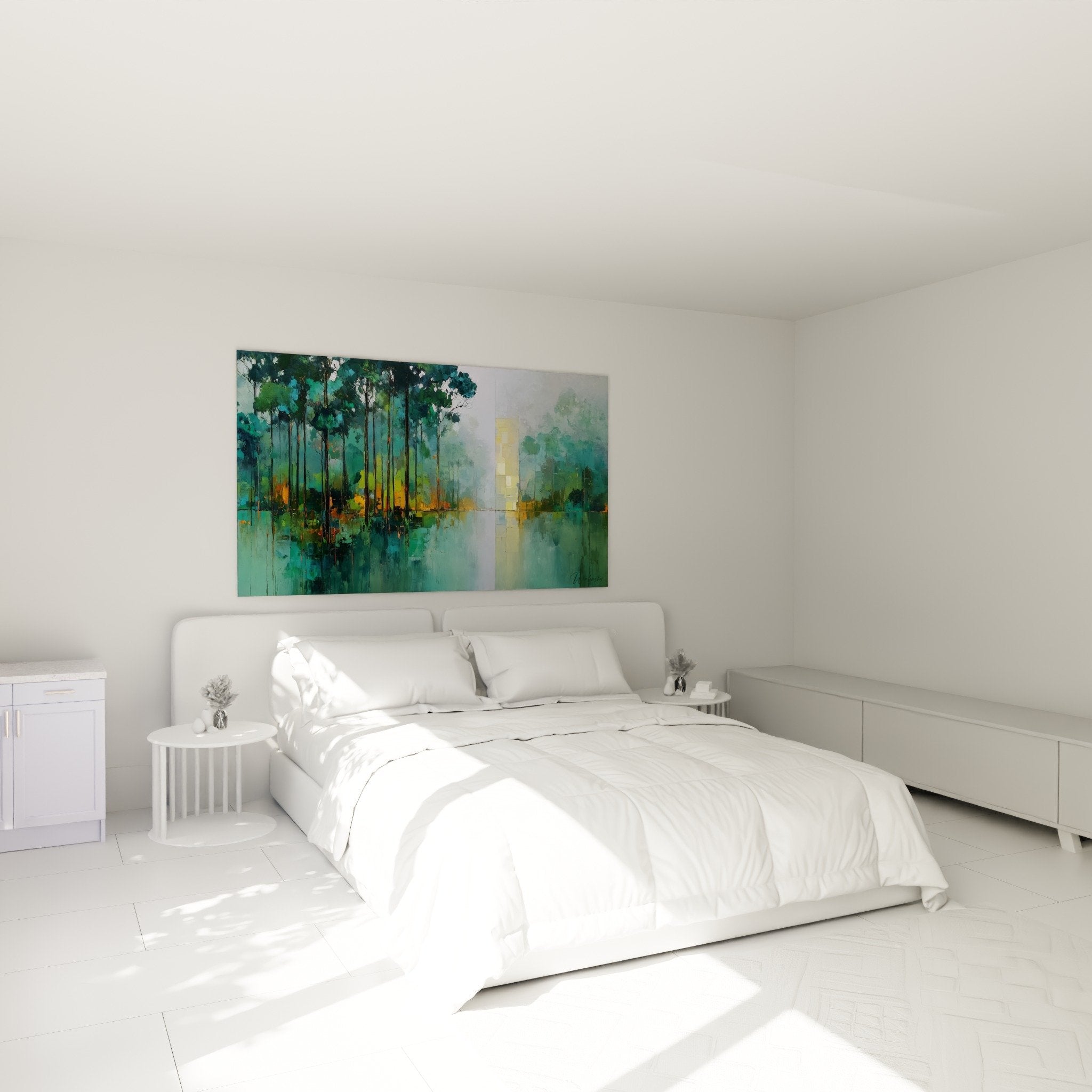Paysage lacustre turquoise et vert dans chambre moderne, ambiance zen apaisante, feng shui est bois