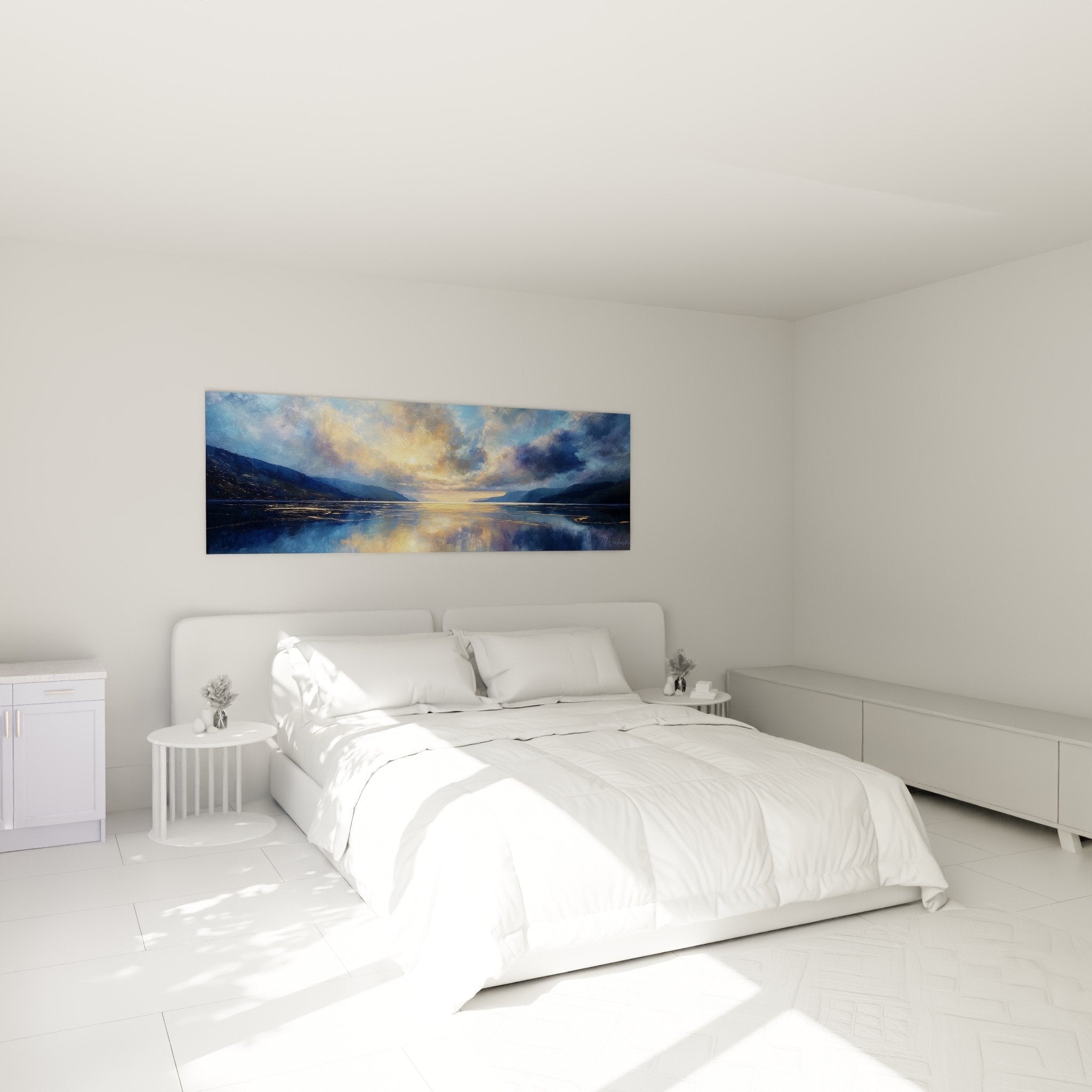 Lake landscape golden reflections above master bedroom headboard zen feng shui water north decor