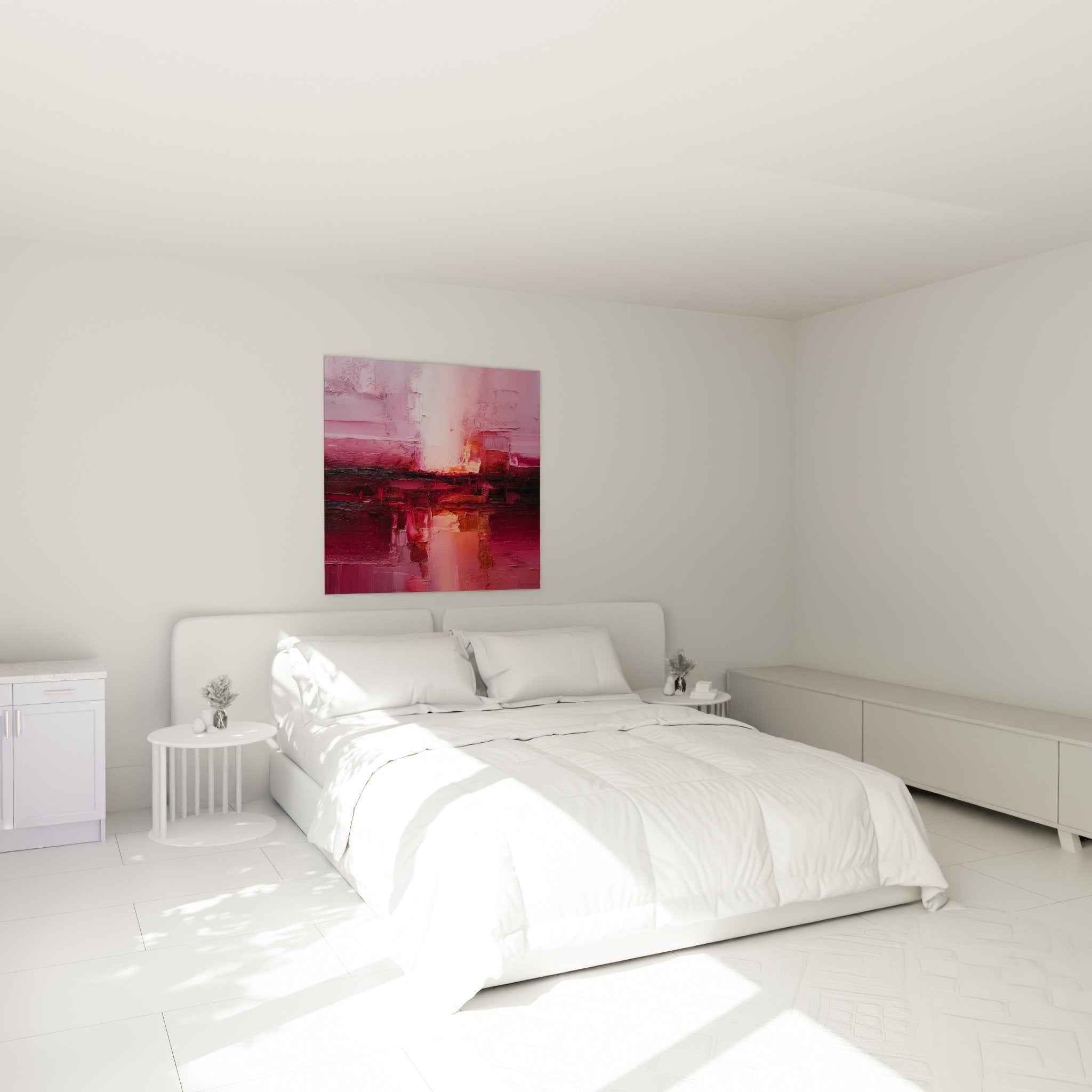 Abstract burgundy pink painting on bedroom wall, southwest earth feng shui decoration