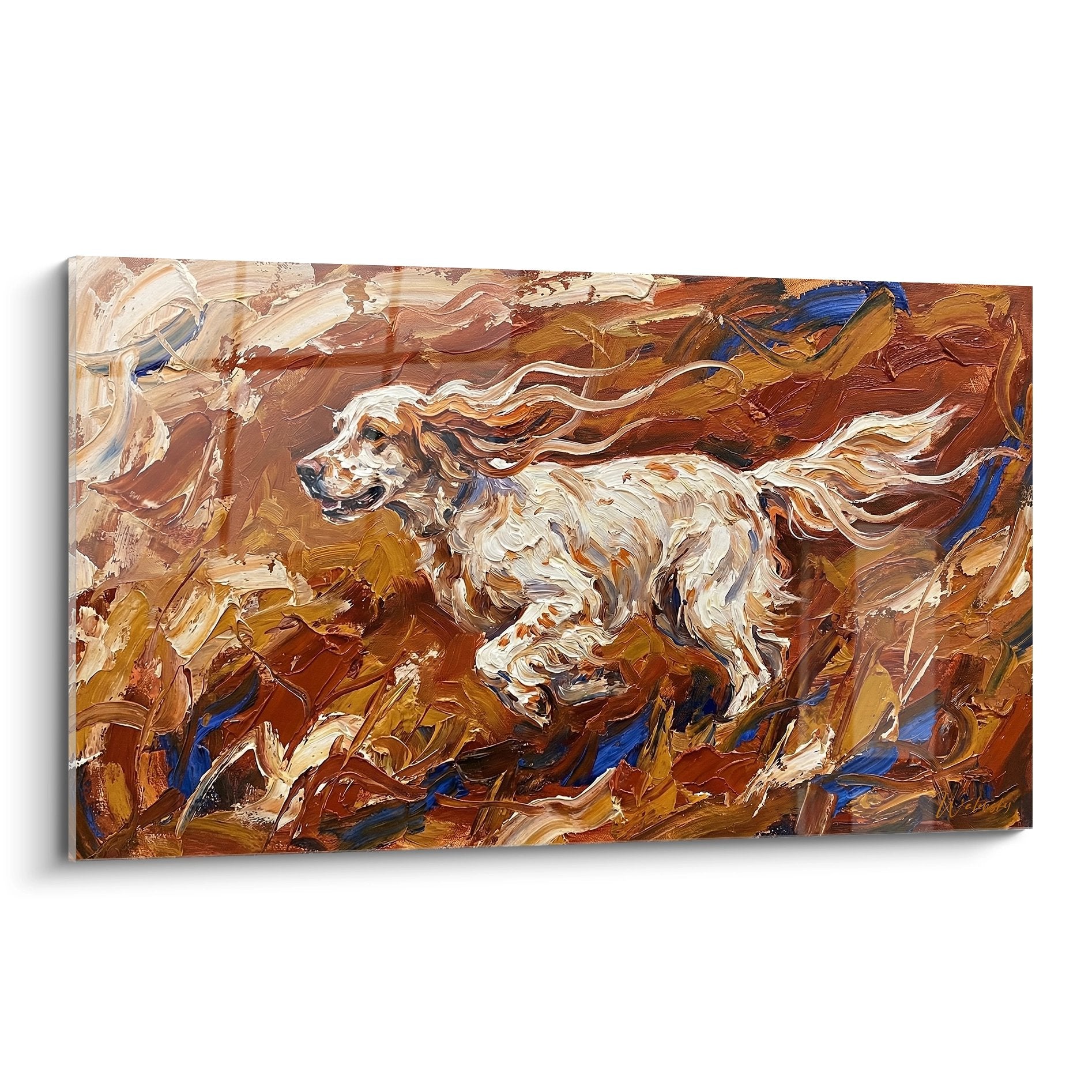 Peinture expressive setter anglais blanc en mouvement tons ocre bleu sur toile