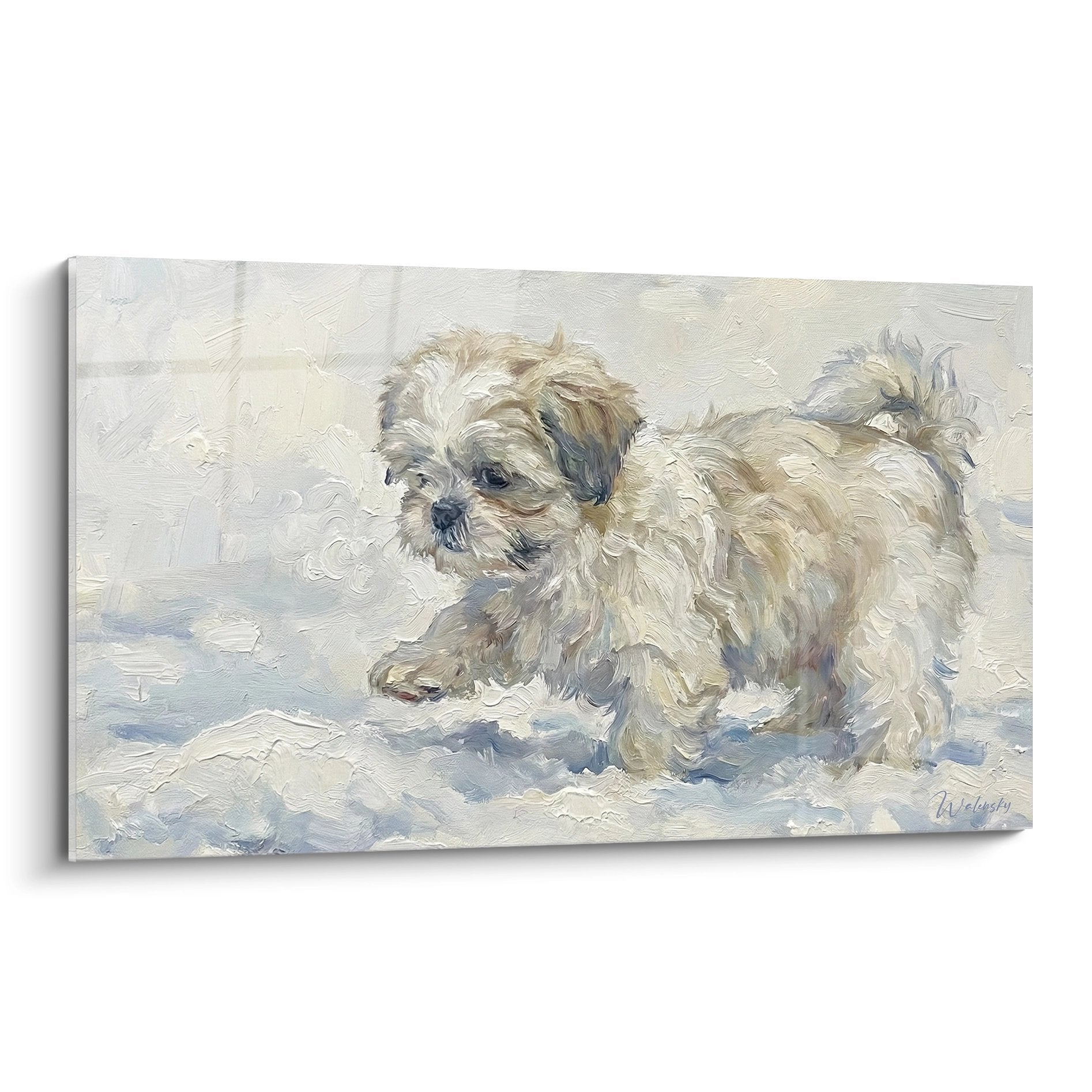 Shih Tzu Malerei beige weiß strukturierte Leinwand niedlicher Hund künstlerisches Porträt Puderfarbtöne