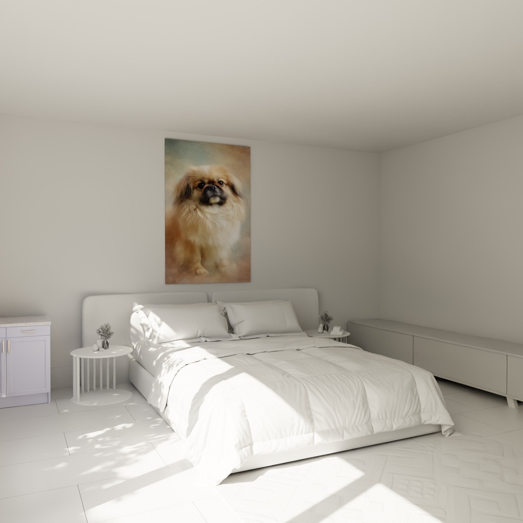 Tableau Pékinois portrait doré accroché au-dessus d'un lit dans chambre moderne aux tons neutres et coussins beiges
