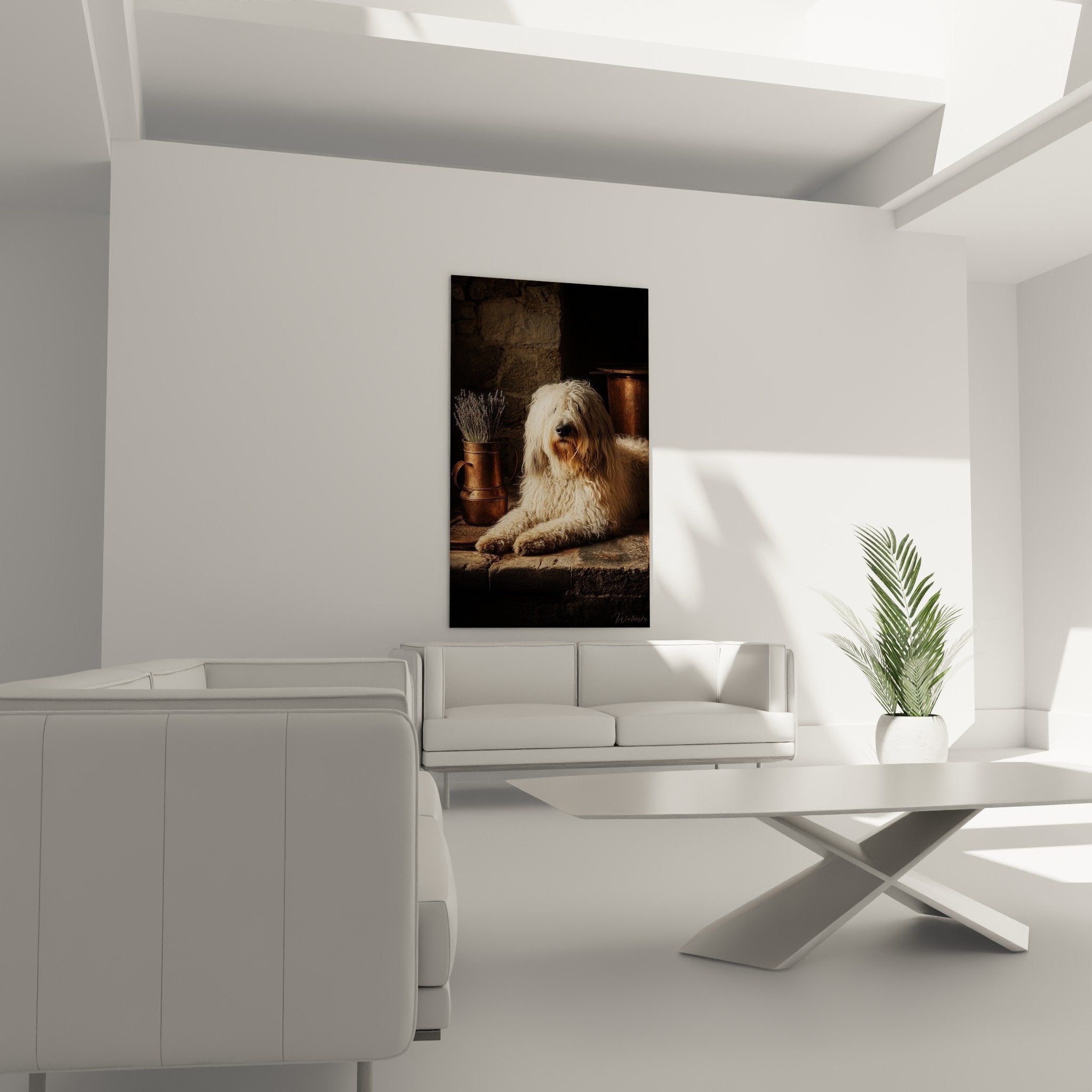 Gros plan pelage blanc bouclé Komondor texture laineuse détails artistiques lumière naturelle douce