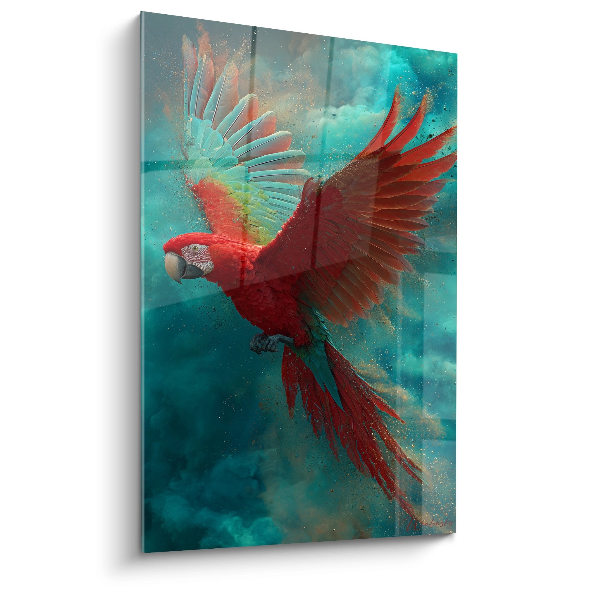 Red parrot flying with wings spread mystical turquoise background golden particles animal art