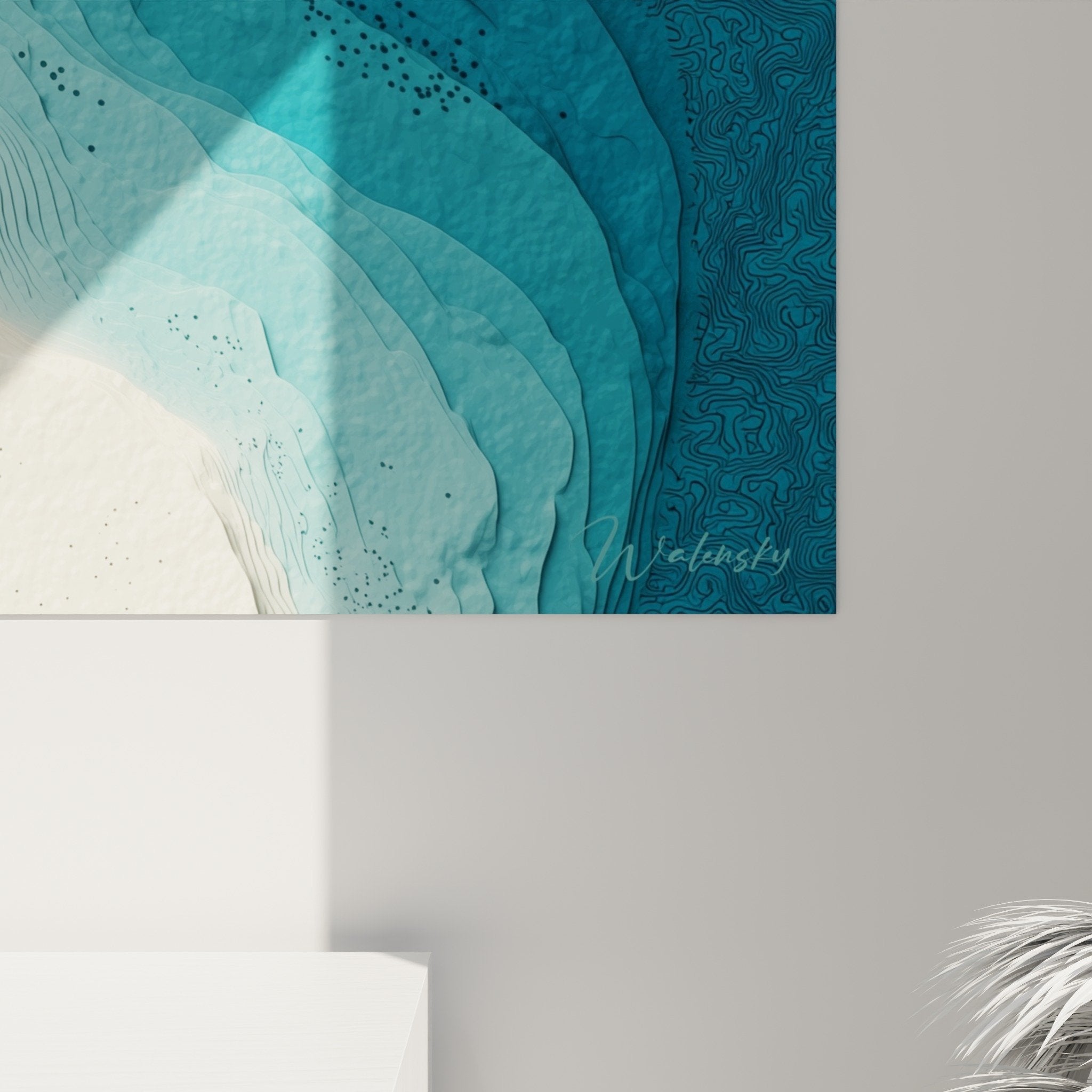 Side perspective turquoise blue beach ivory artwork feng shui north water modern living room decoration