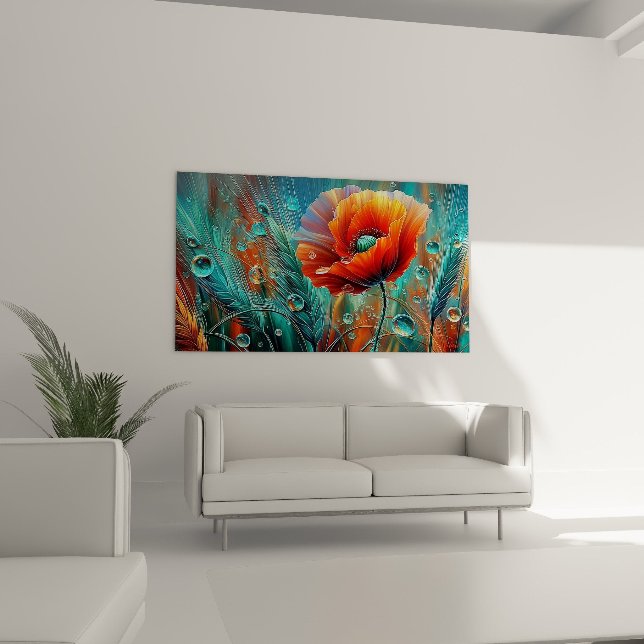 Primo piano su petali ondulati del papavero rosso con riflessi acquatici e bolle cristalline