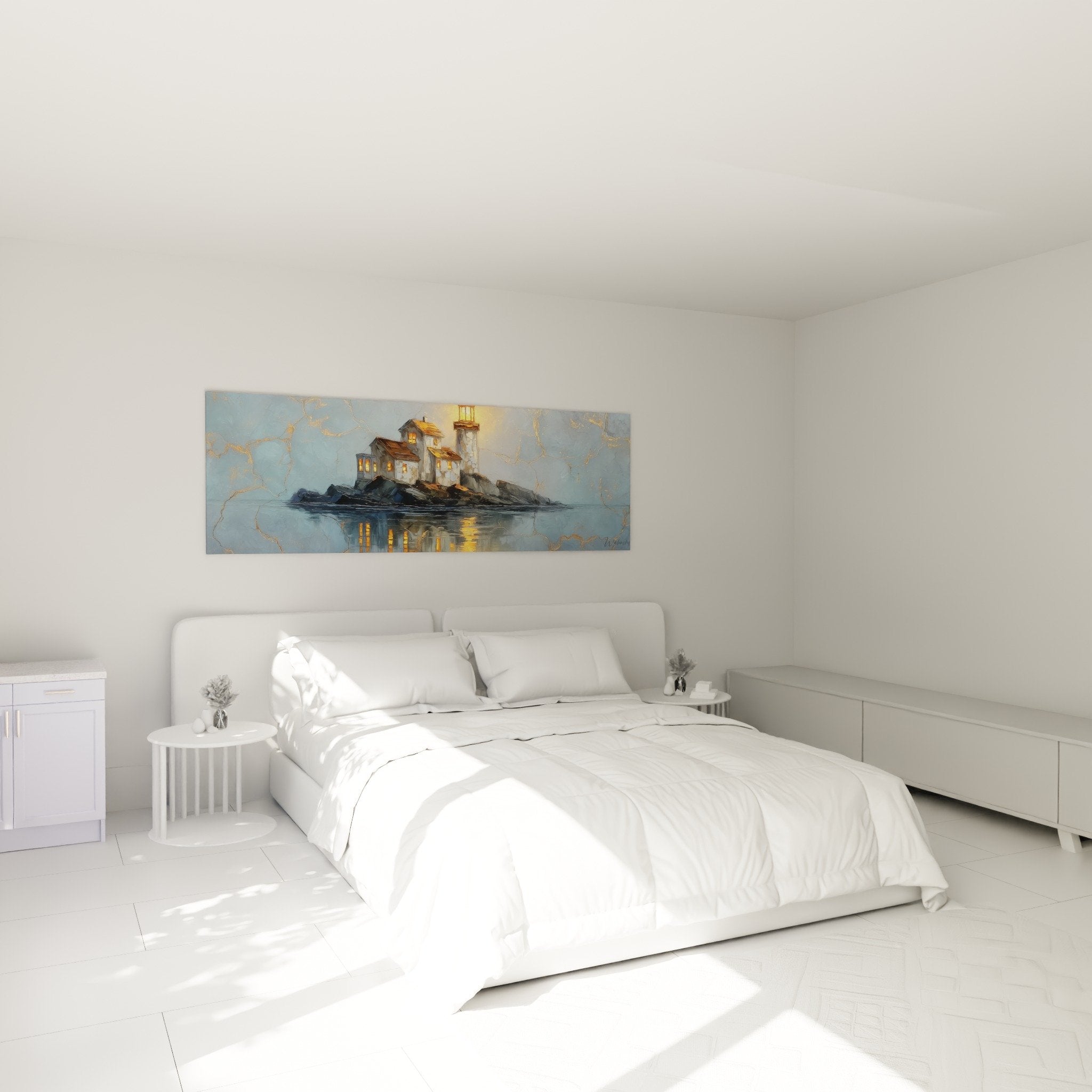 Leuchtturm bei Sonnenuntergang in modernem Schlafzimmer mit natürlicher Dekoration und sanfter Beleuchtung