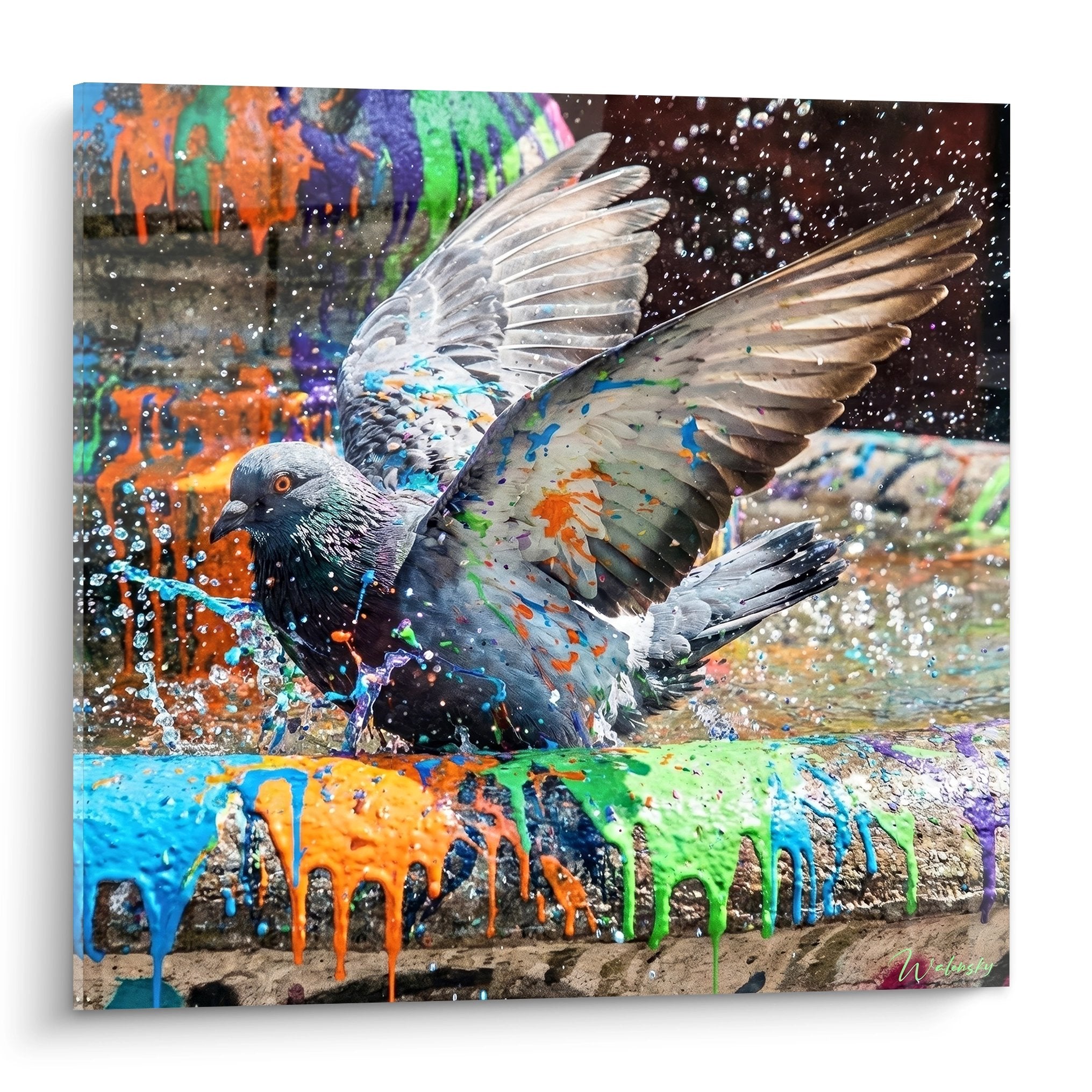 pigeon ailes deployees devant mur graffitis multicolores orange vert street art urbain tableau moderne