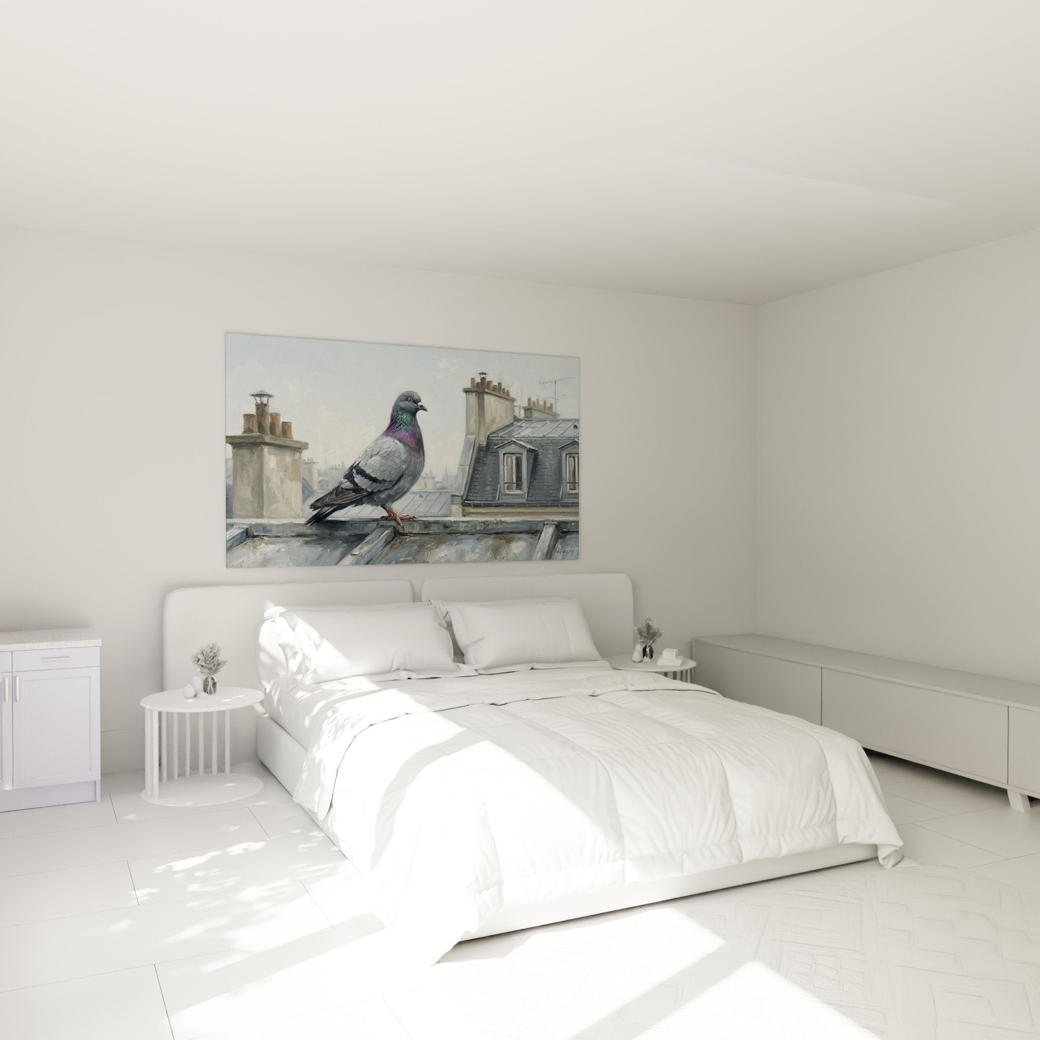 Tableau pigeon urbain dans chambre moderne murs gris décoration murale élégante