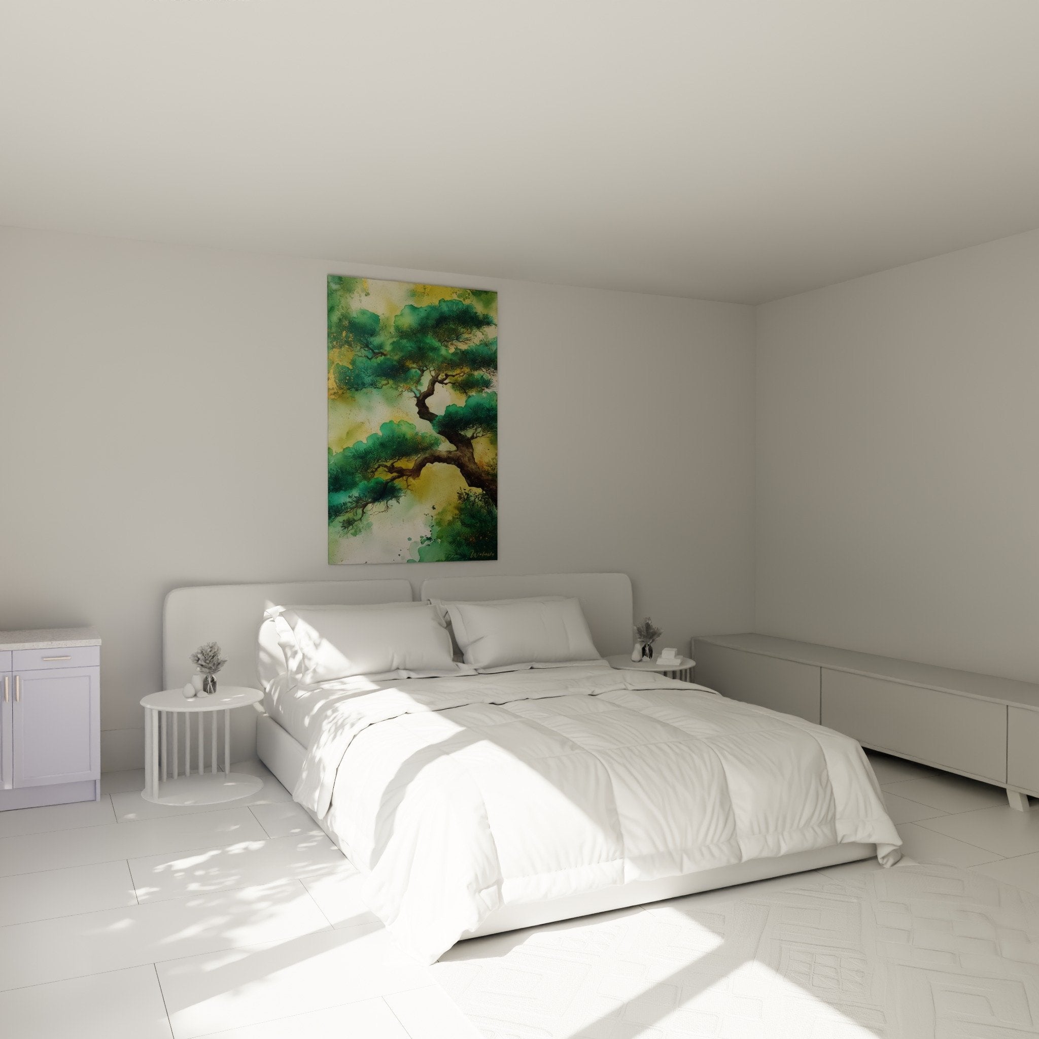 Tableau pin émeraude dans chambre moderne, ambiance zen et apaisante, édition feng shui est bois