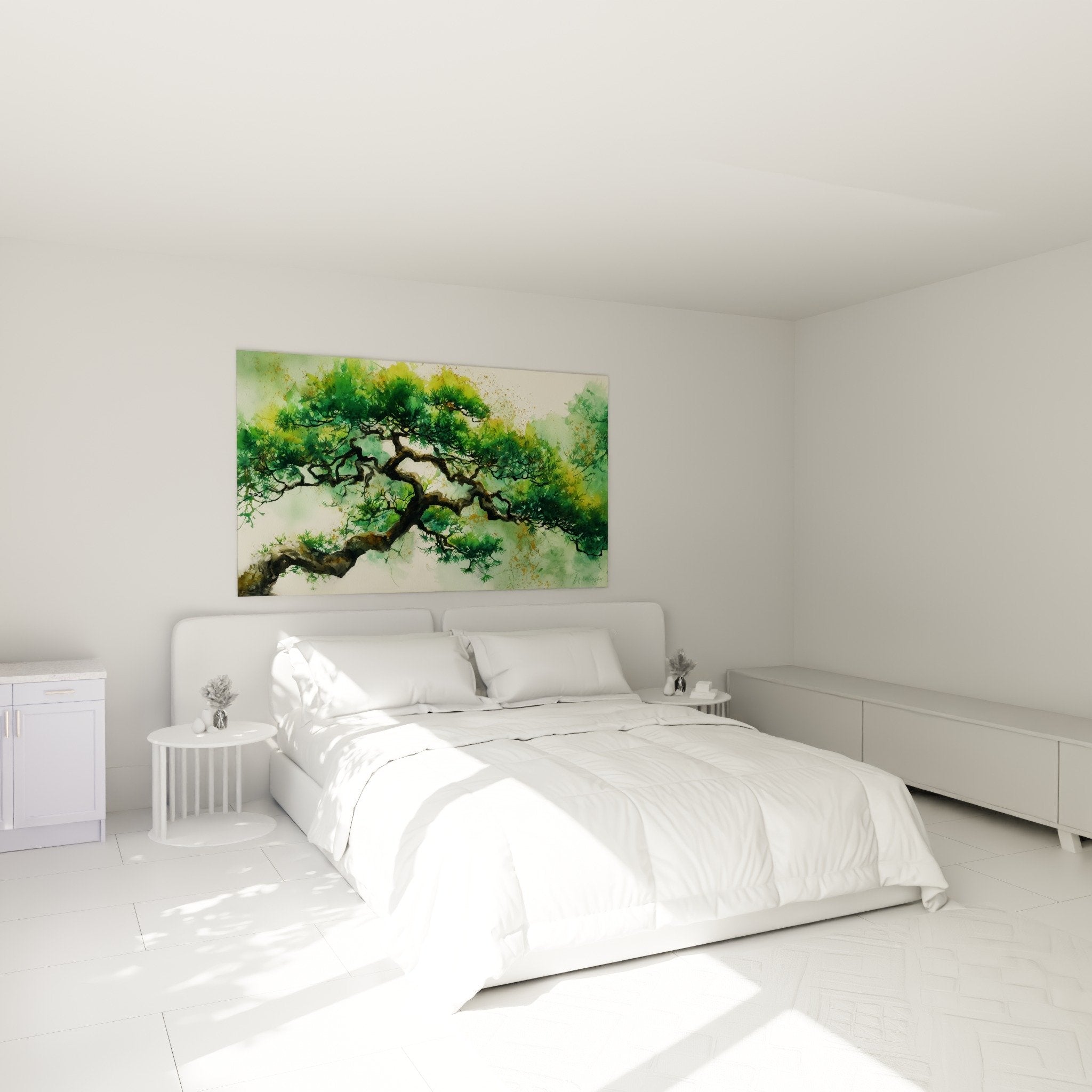 Schirmkiefer-Kunstdruck smaragdgrün im Schlafzimmer Wanddeko Zen Feng-Shui Holzrahmen