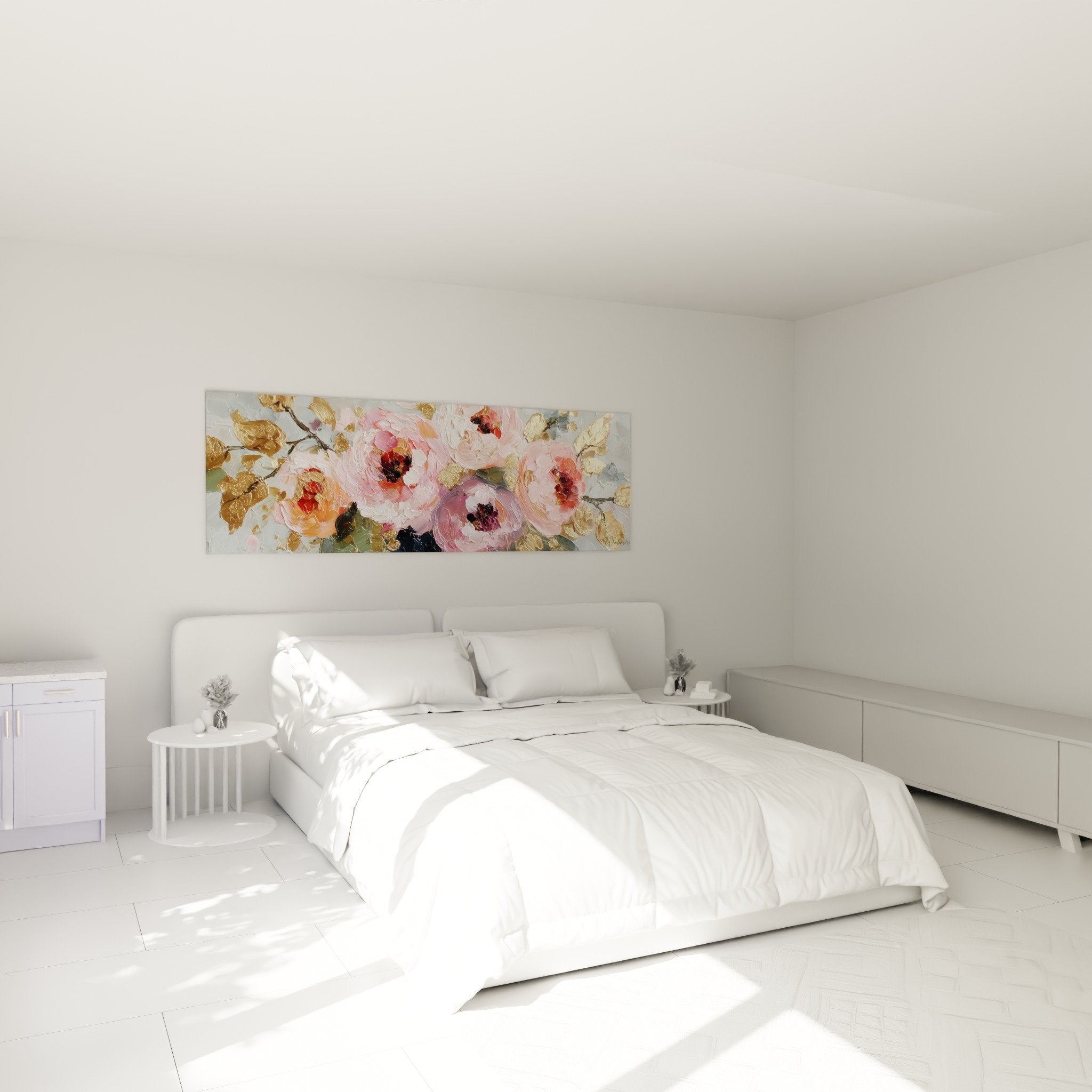 Pivoines roses dorées chambre parentale feng shui sud-ouest terre ambiance romantique cosy