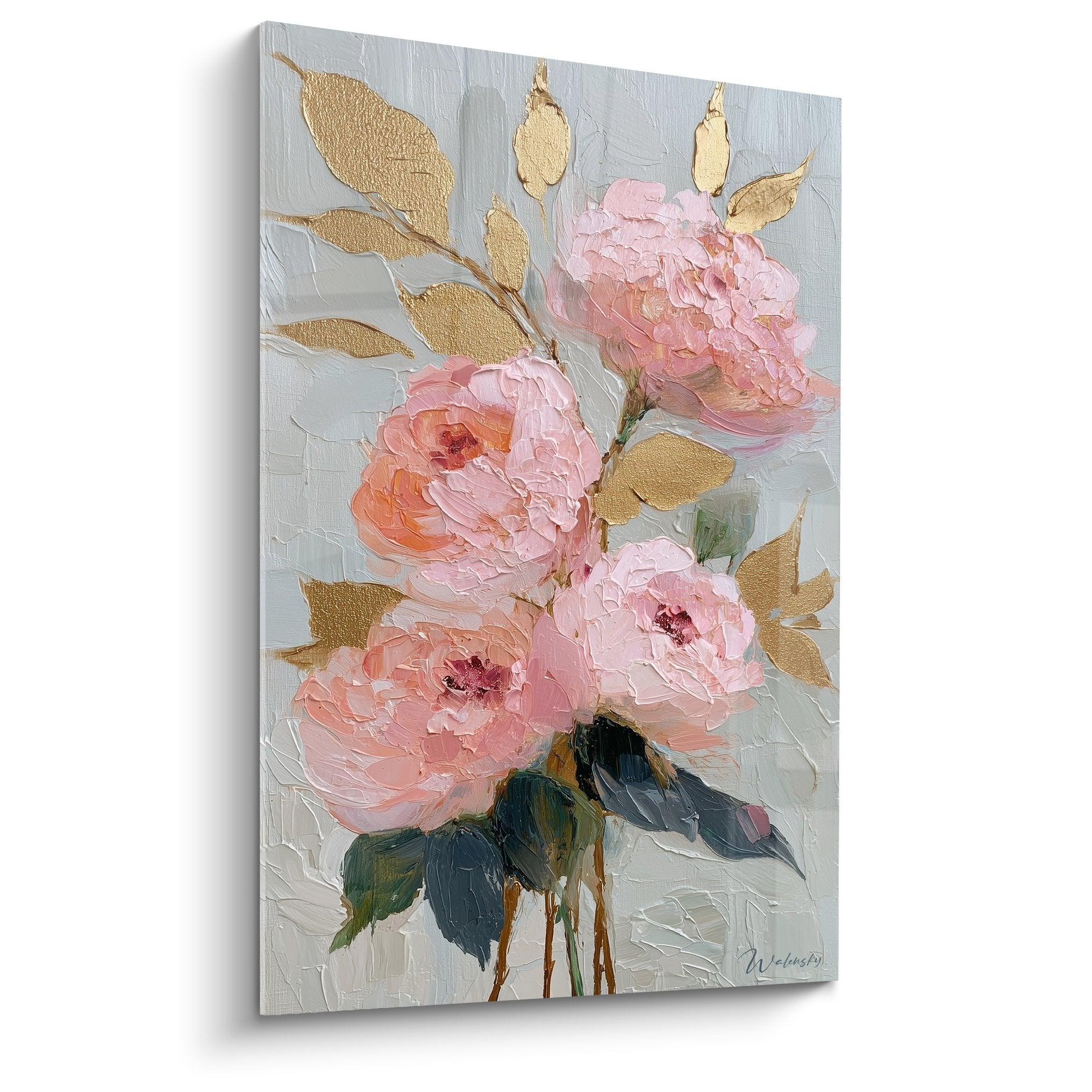 Tableau pivoines roses empâtement feuillages dorés fond gris perle style impressionniste contemporain