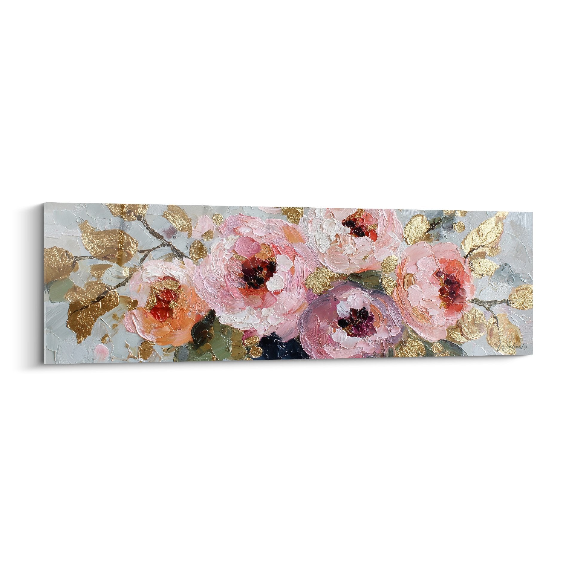 Tableau pivoines roses et dorées feng shui sud-ouest terre decoration murale florale romantique
