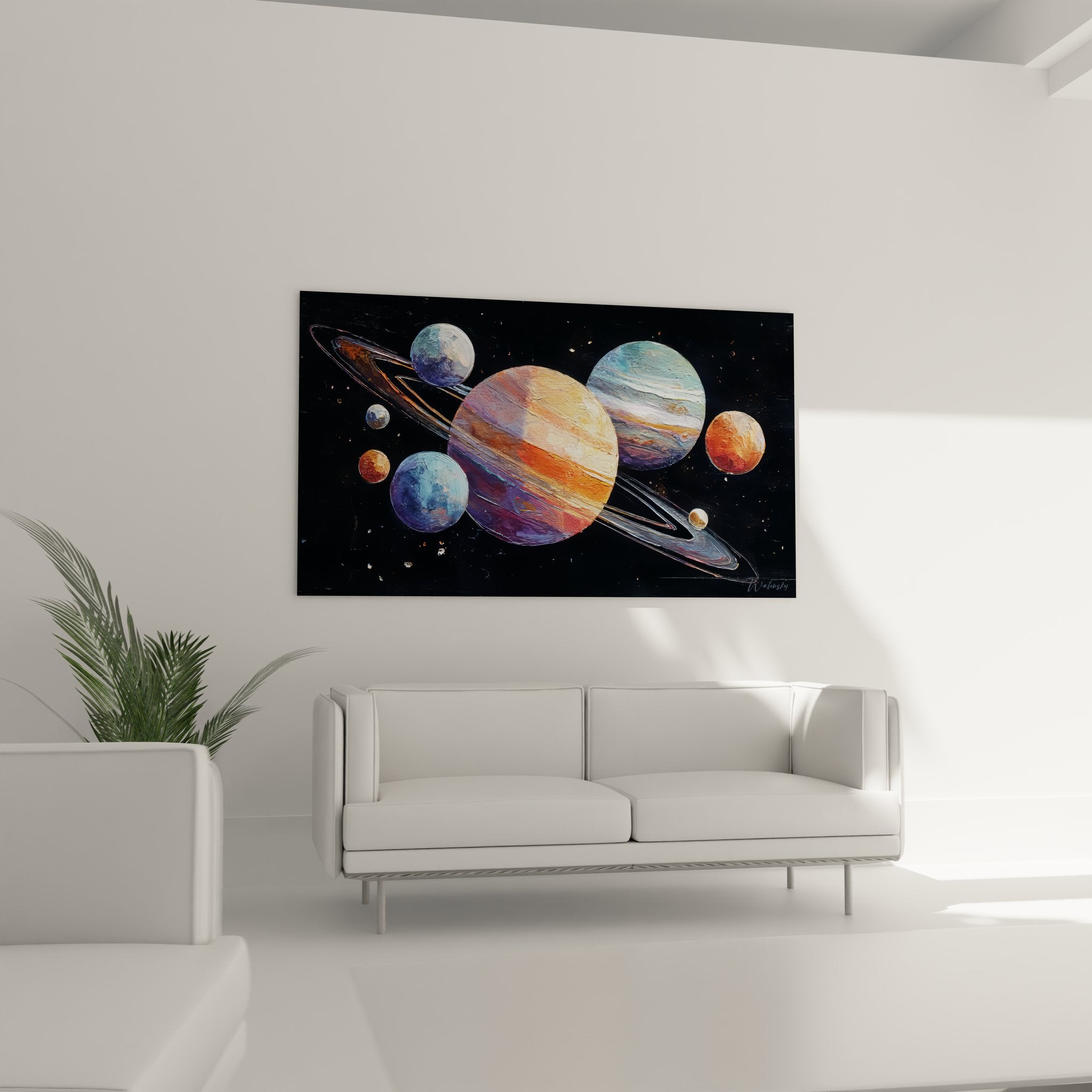 Gros plan sur planète aux anneaux colorée du tableau spatial artistique moderne