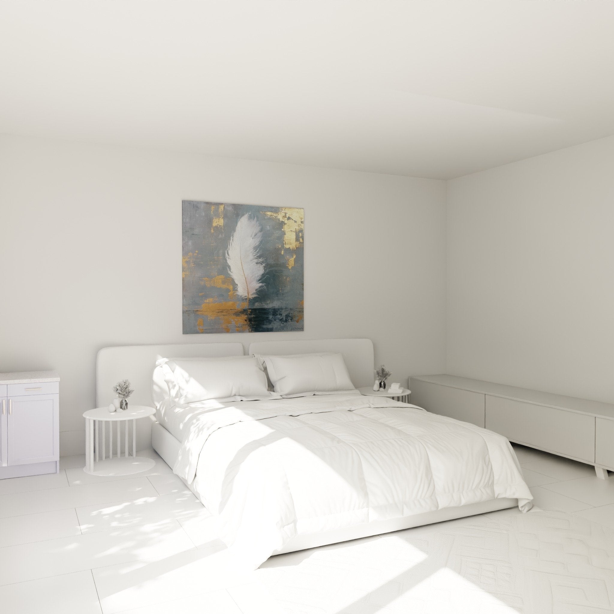 White feather wall art in modern bedroom with gray wall contemporary furniture serene atmosphere