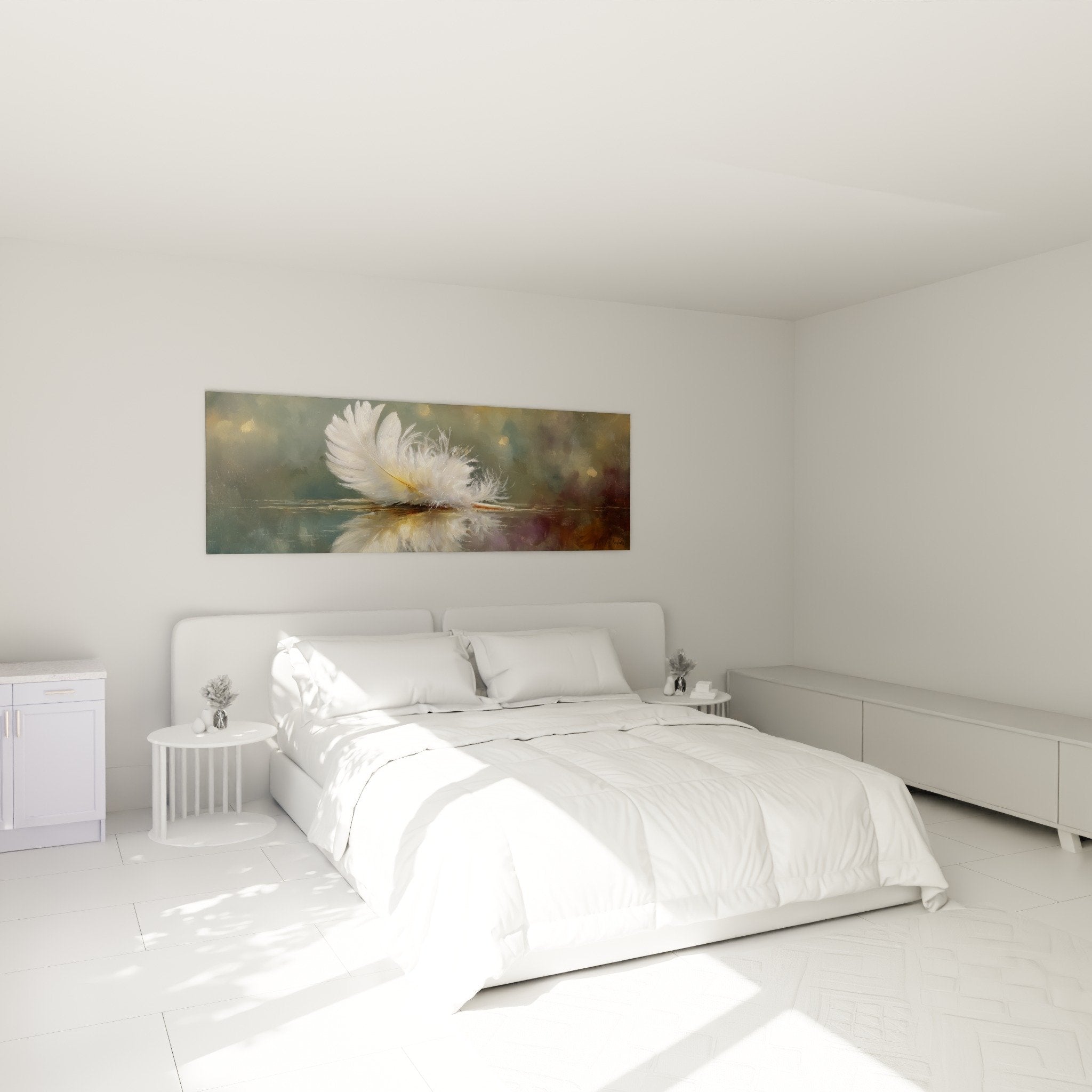 Tableau plume blanche sur eau dans chambre moderne - ambiance zen et apaisante