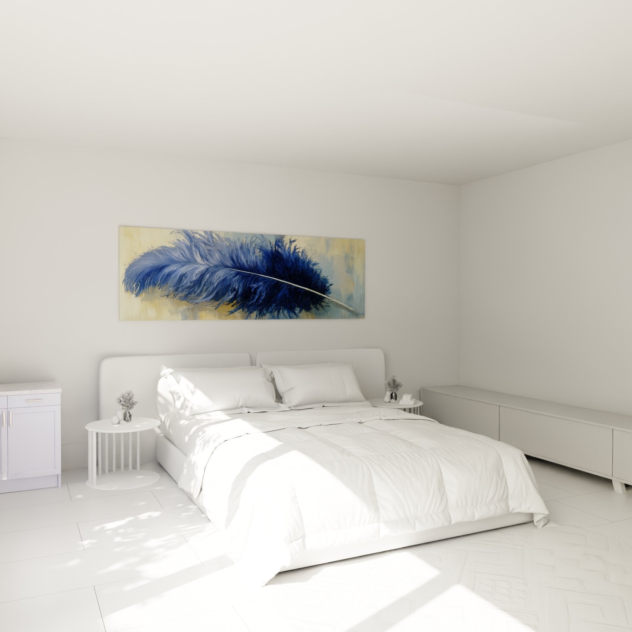 Plume bleue artistique dans chambre moderne - décoration murale raffinée aux tons apaisants