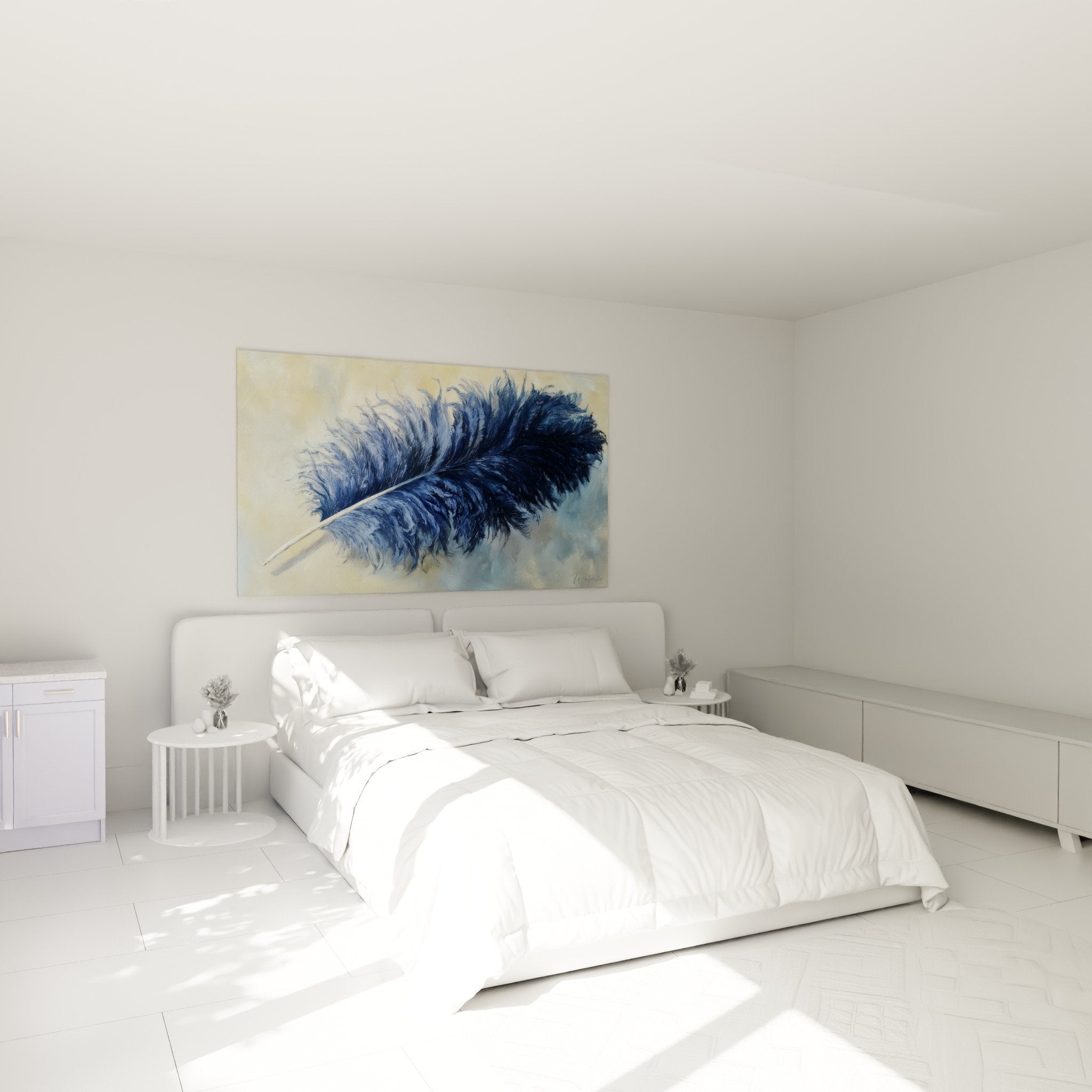 Decorative blue feather in modern bedroom, wall art with blue and gold tones calming atmosphere