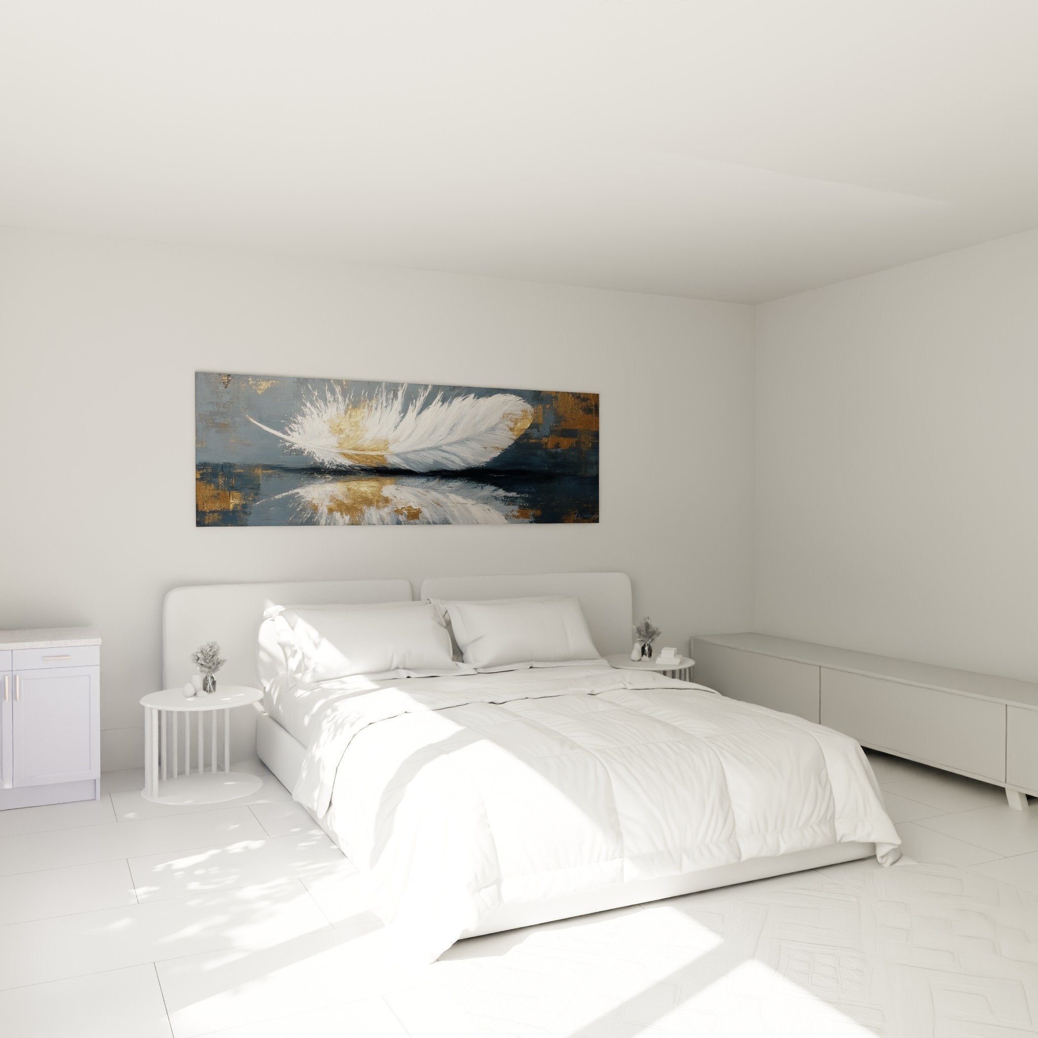 White and gold feather wall art above bed in master bedroom cozy ambiance