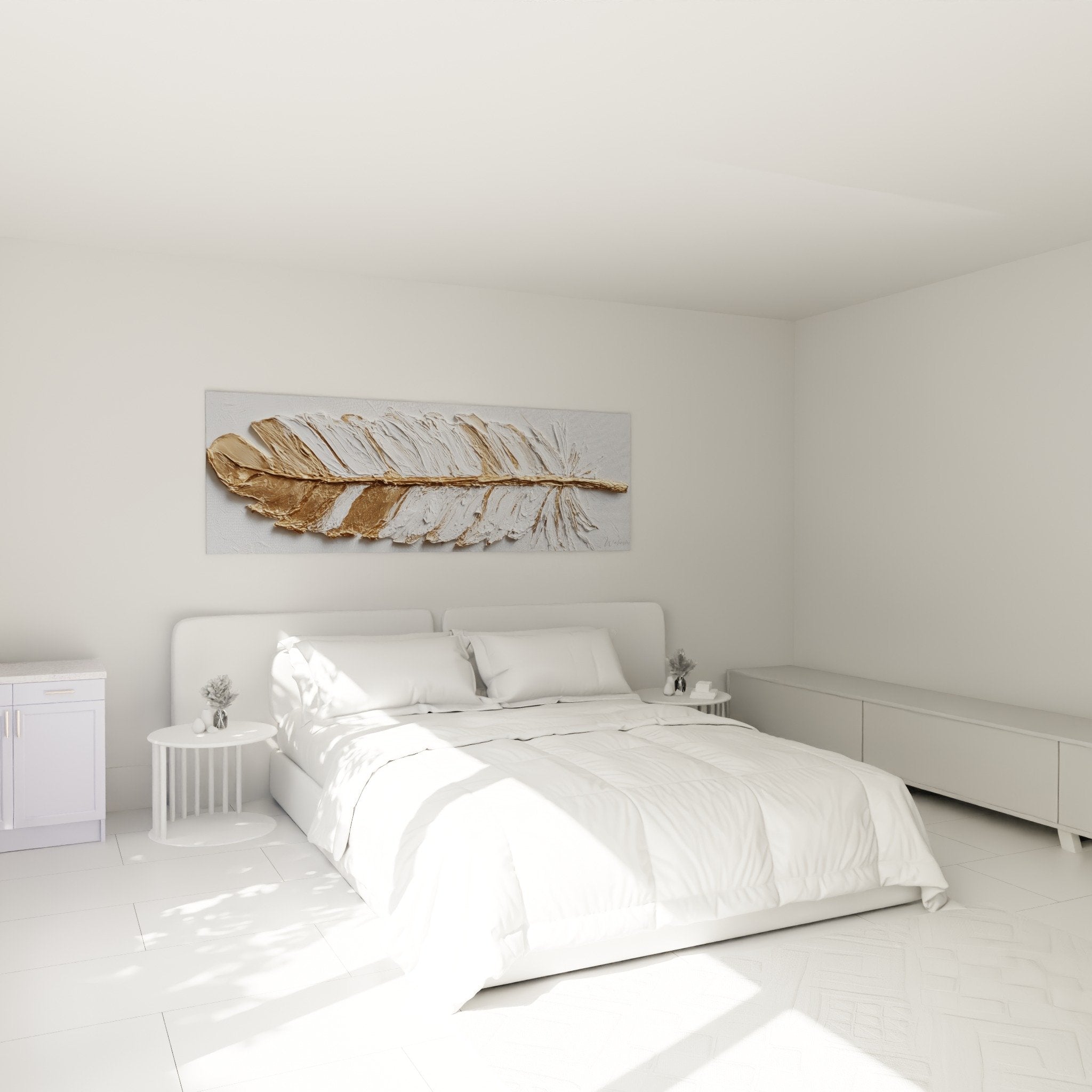 Plume dorée relief chambre mur blanc décoration élégante tableau edition plume ambiance zen