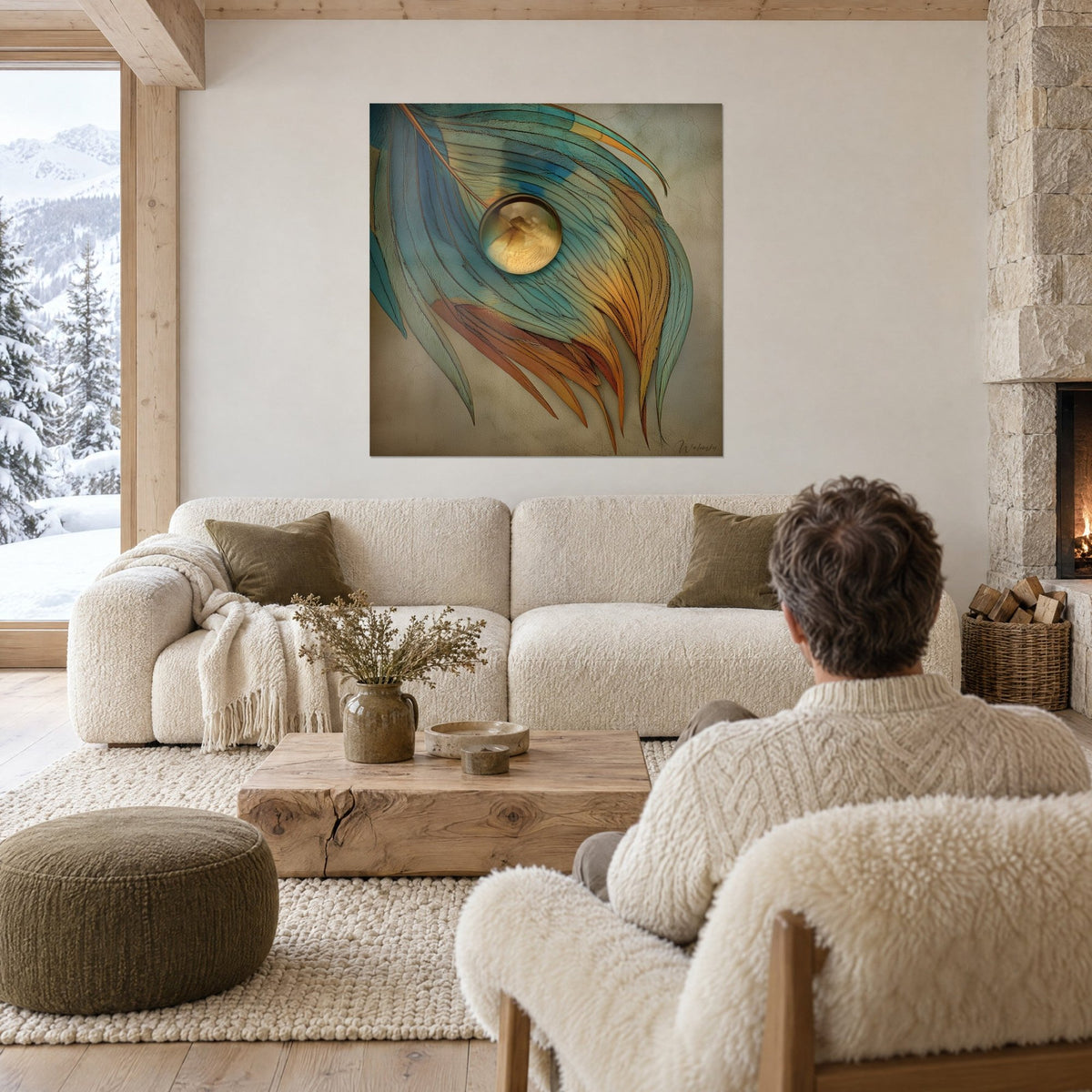 Wall art with peacock feather in turquoise and ochre tones with a golden drop, above a sofa in a bright living room