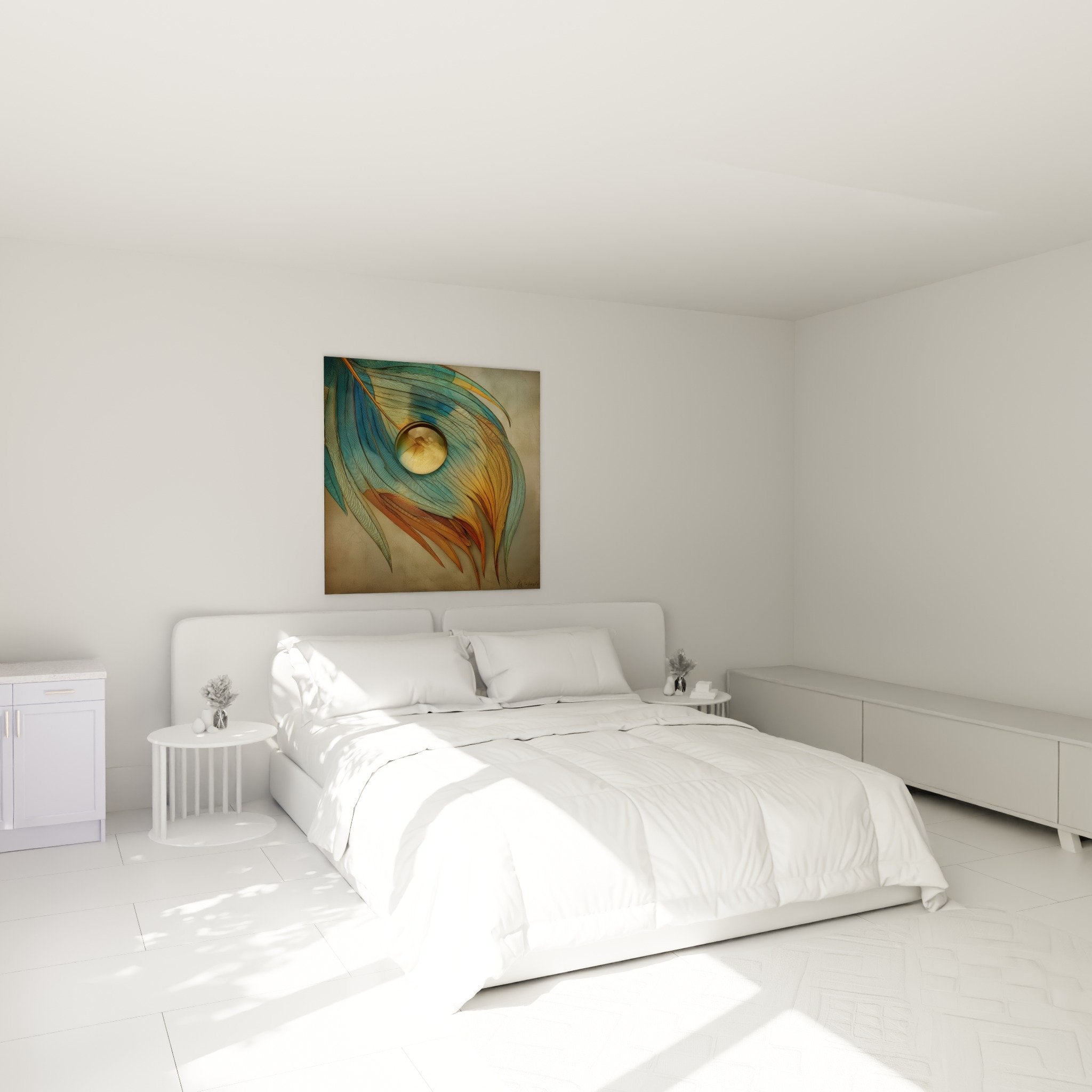 Tableau plume paon turquoise doré dans chambre moderne mur blanc décoration murale zen