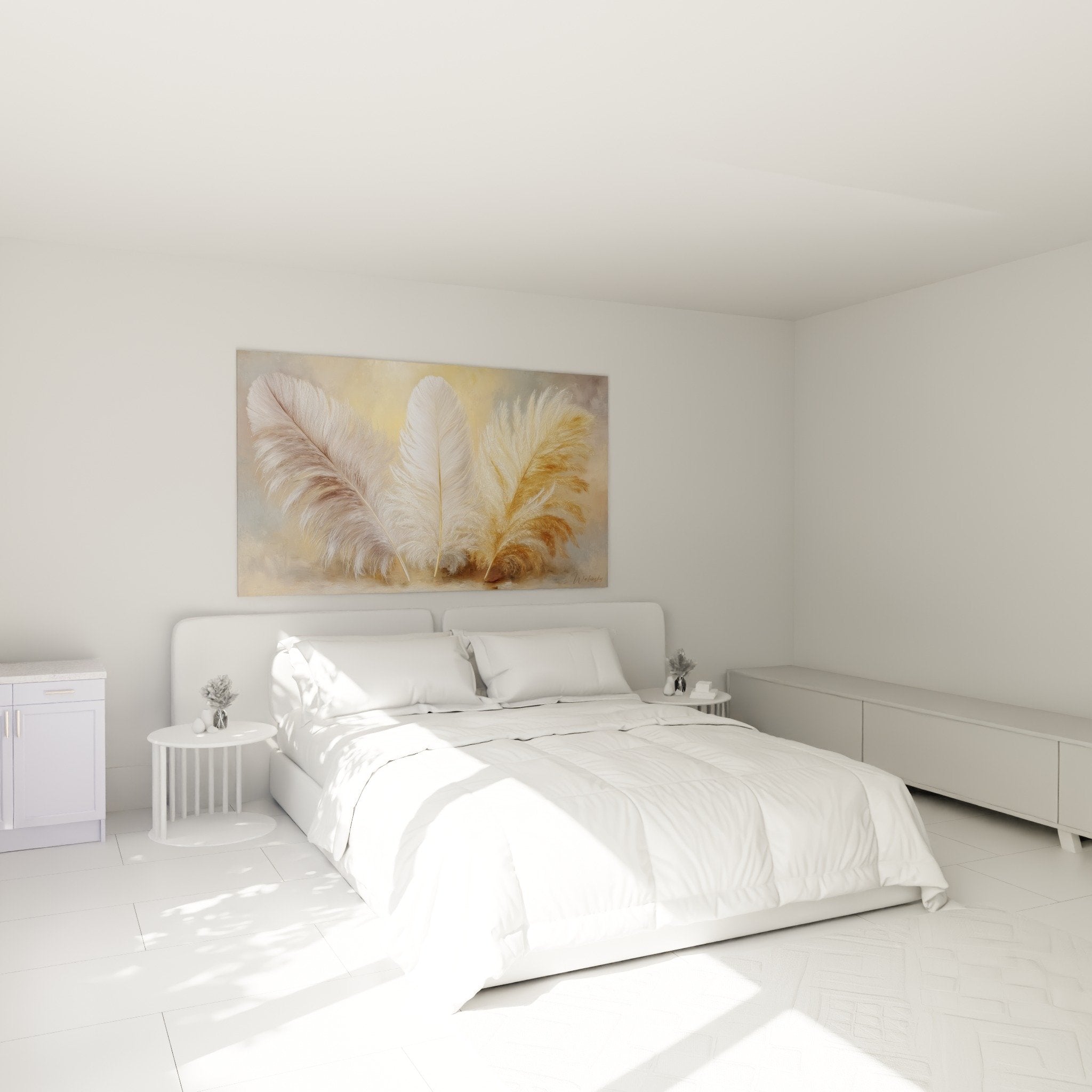 Beige and gold feathers wall art in modern bedroom white wall natural soothing decoration