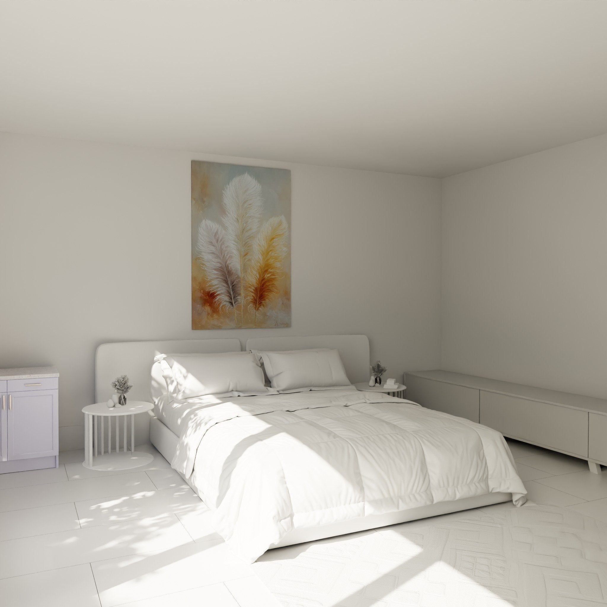 White and gold feathers wall art in modern bedroom beige wall natural zen decoration