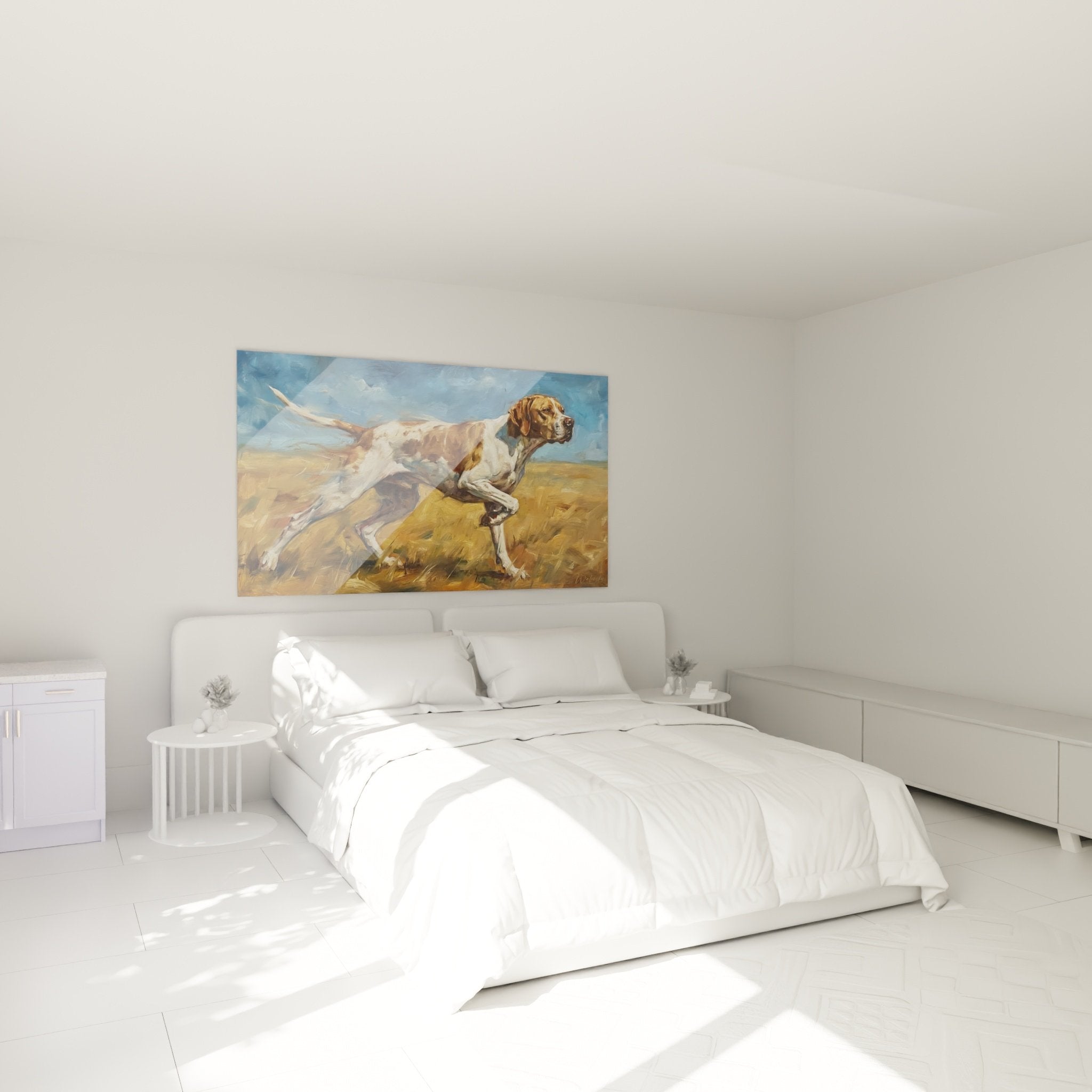 Tableau Pointer Anglais chien en action accroche murale chambre decoration tons chauds ocre fauve