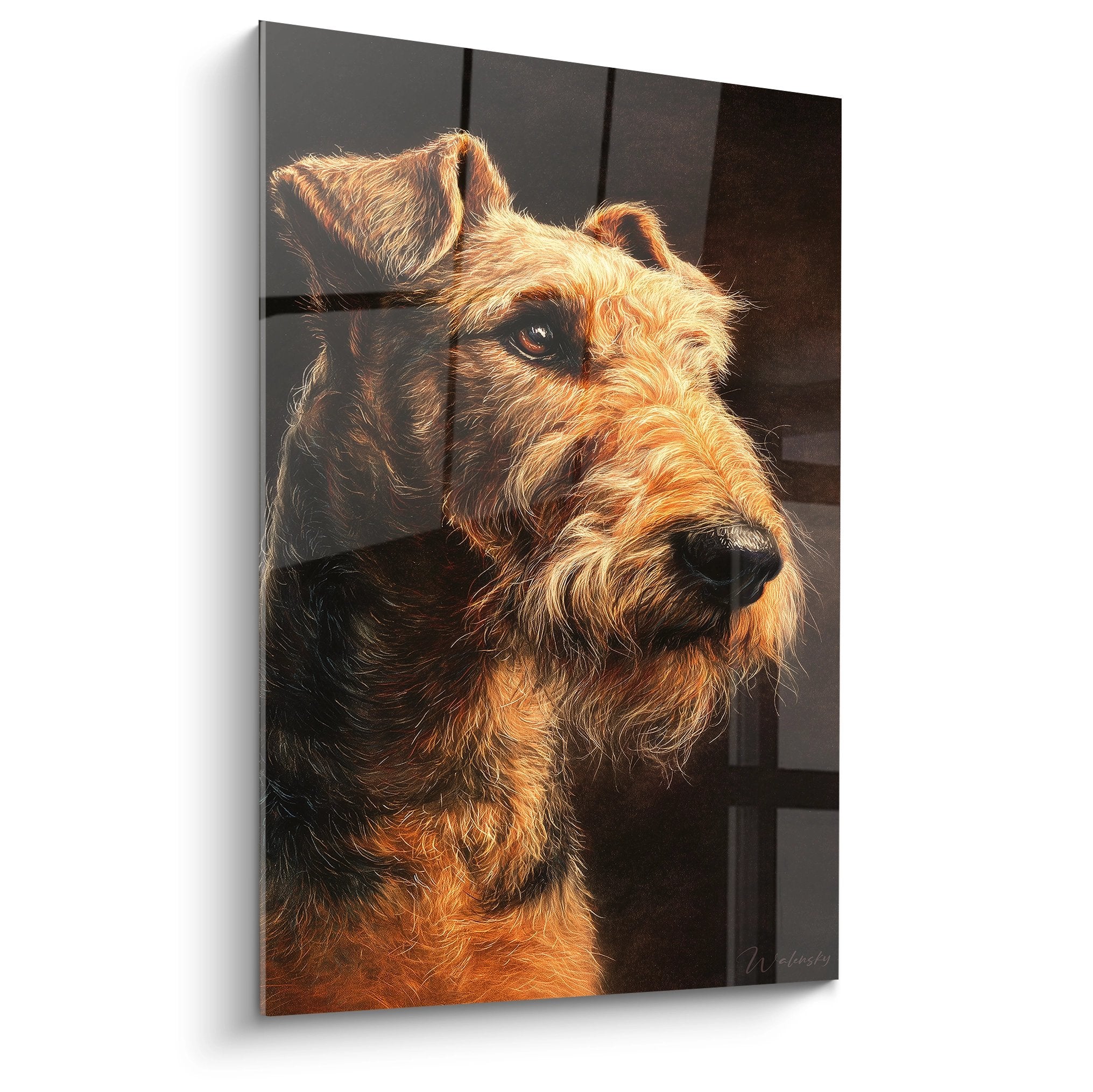 Portrait realiste Airedale Terrier aux tons dores sur fond sombre, regard expressif et pelage texture detaille