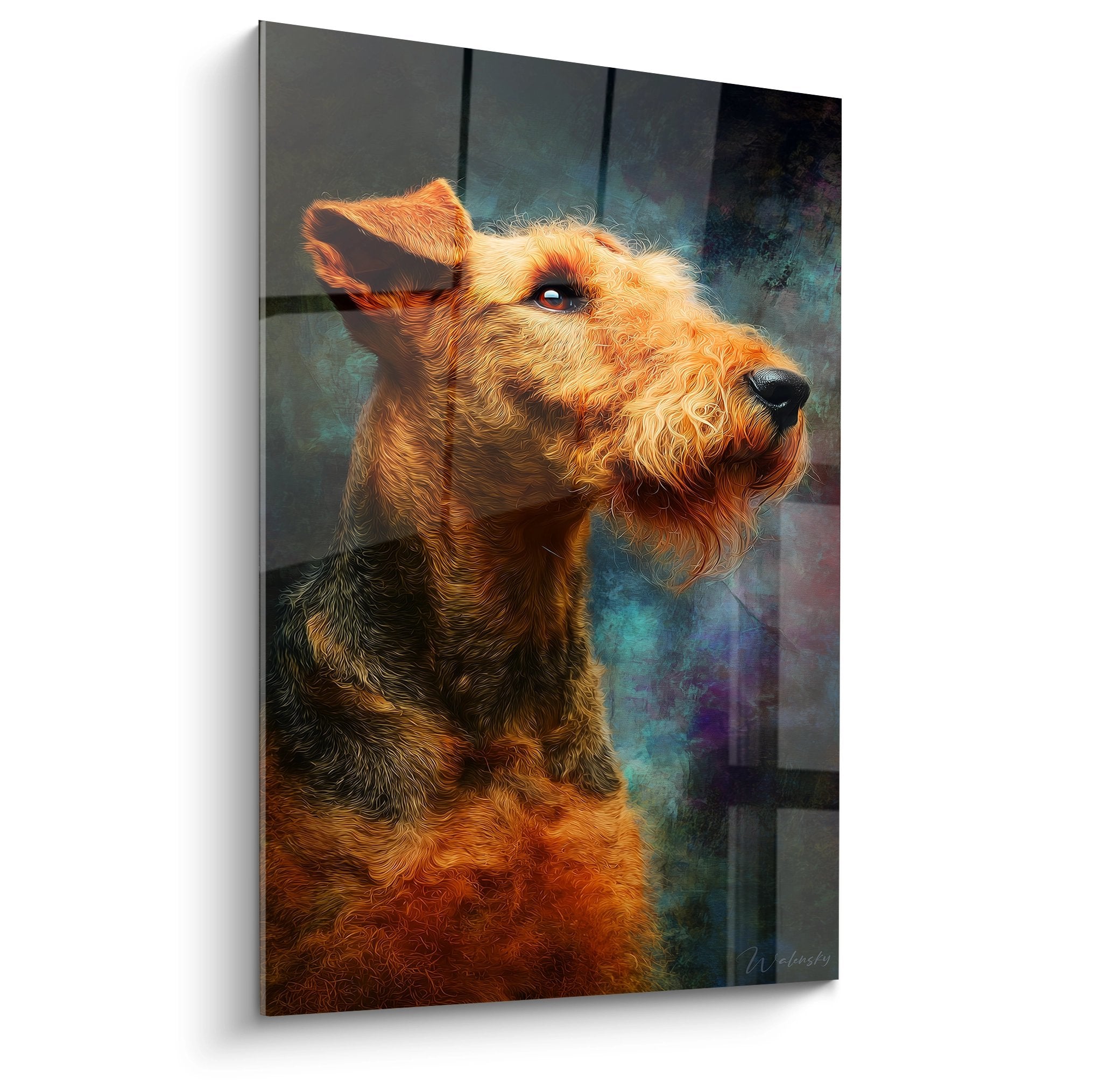 Portrait artistique Airedale Terrier aux tons dorés et roux sur fond abstrait bleuté, regard noble et expressif