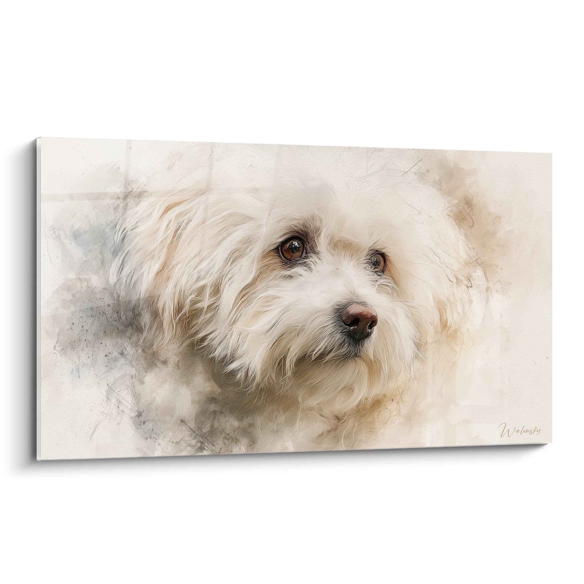 Portrait aquarelle Bichon Frisé aux yeux tendres sur fond beige nuancé style artistique délicat