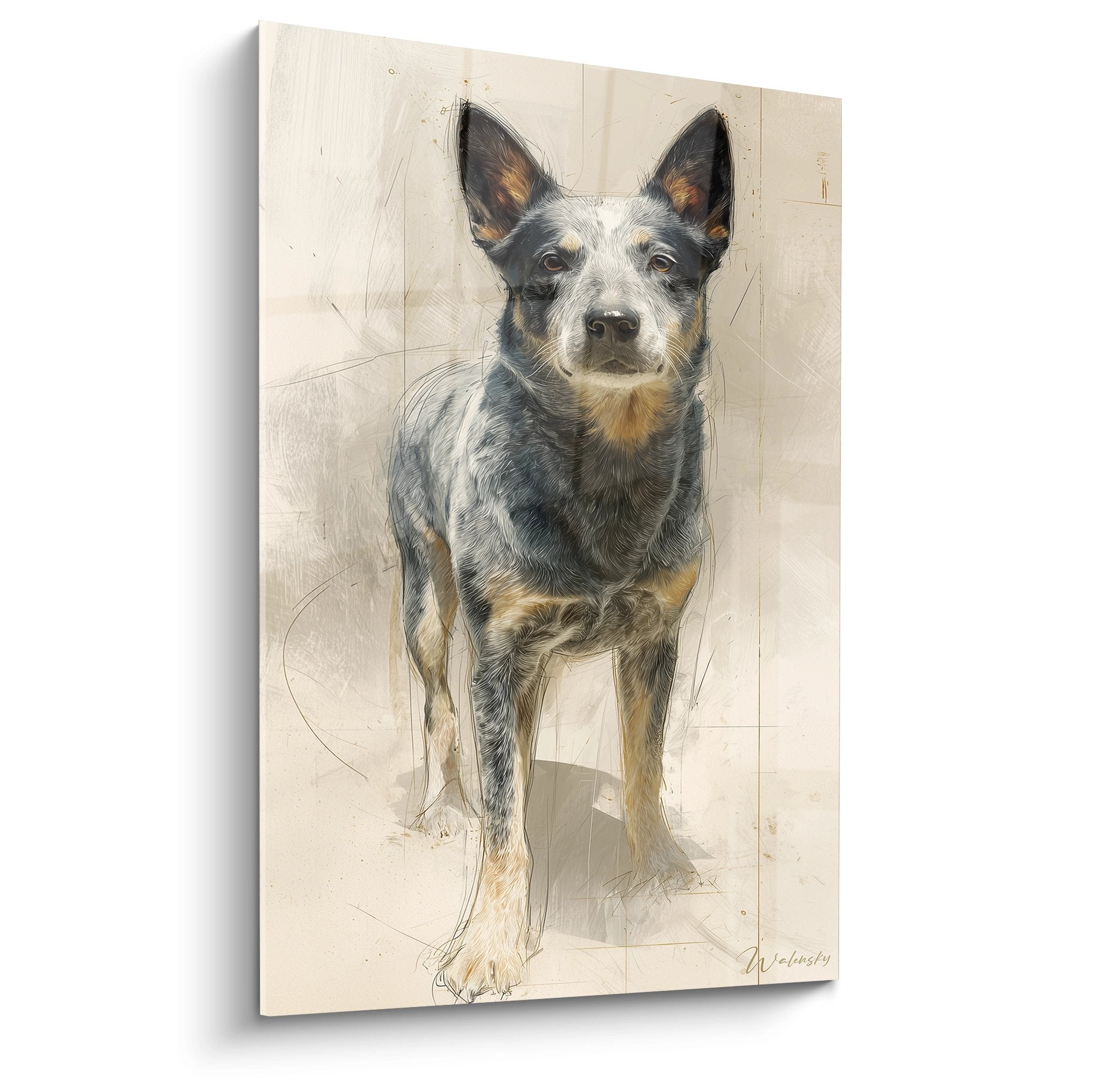Portrait realiste australian cattle dog gris et fauve regard intense sur fond beige tableau mural moderne
