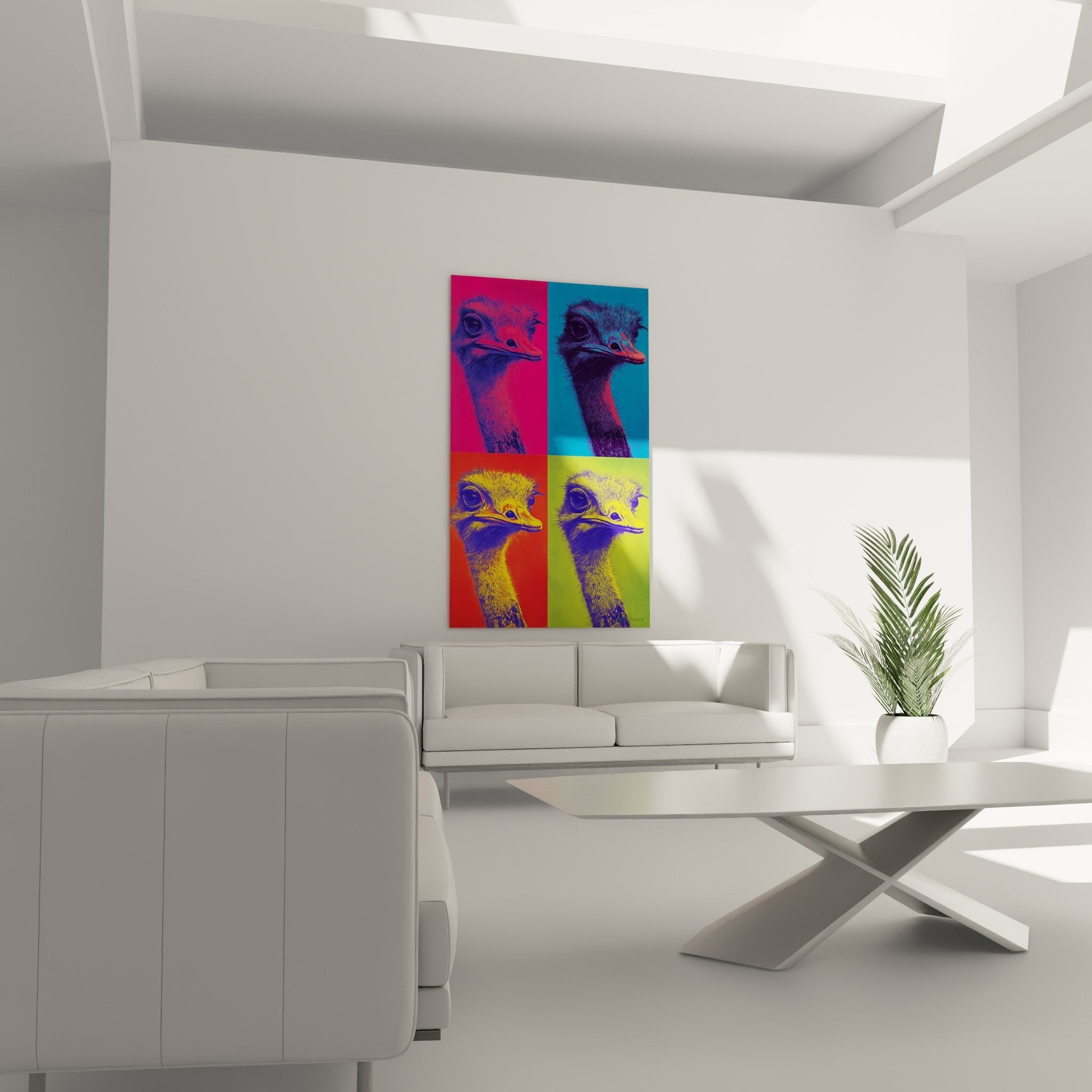 Nahaufnahme Straußenporträt Pop-Art-Stil satte Farben pink Fuchsia ausdrucksstarker Blick