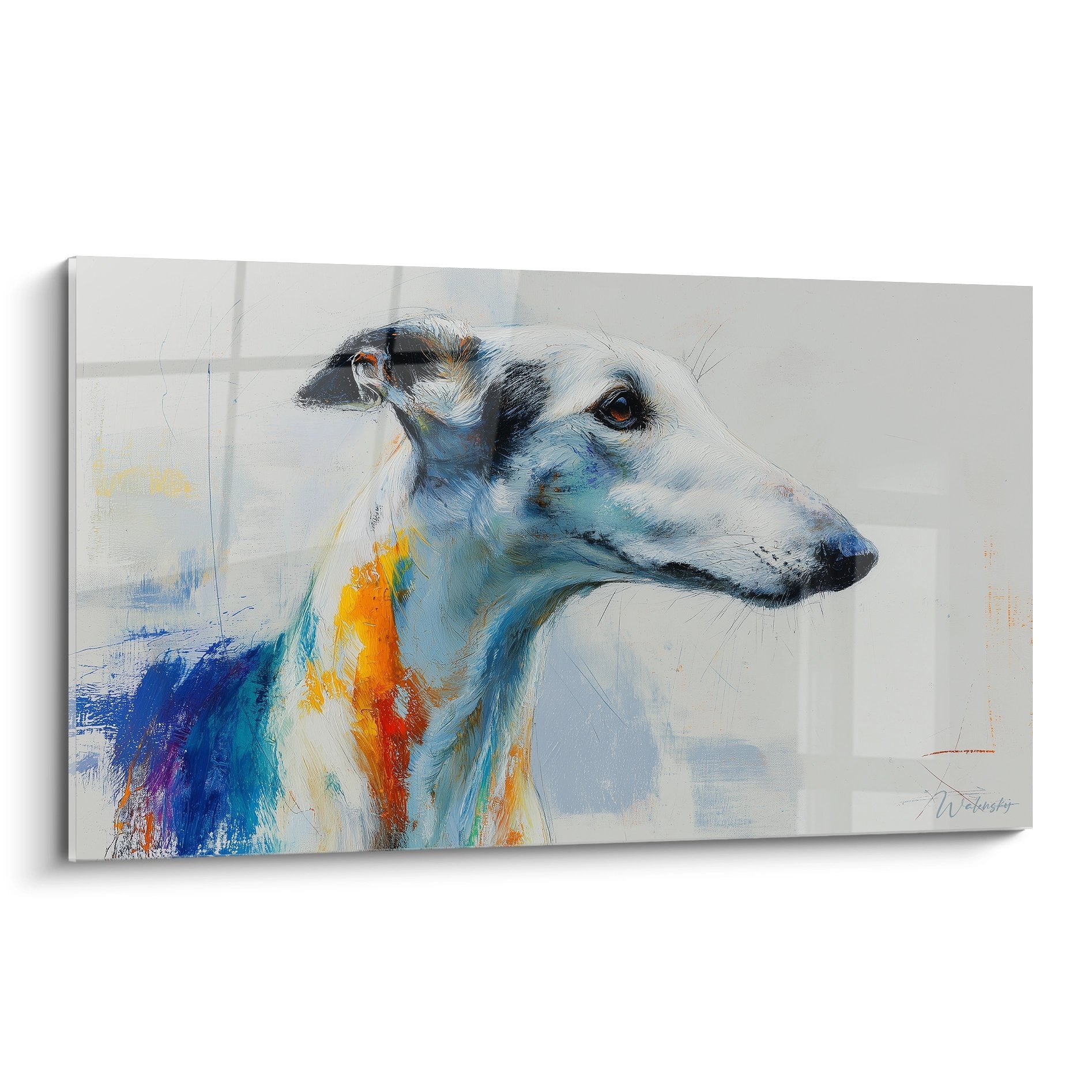 Portrait artistique de Barzoi aux tons bleus et orange sur fond blanc, style moderne expressionniste