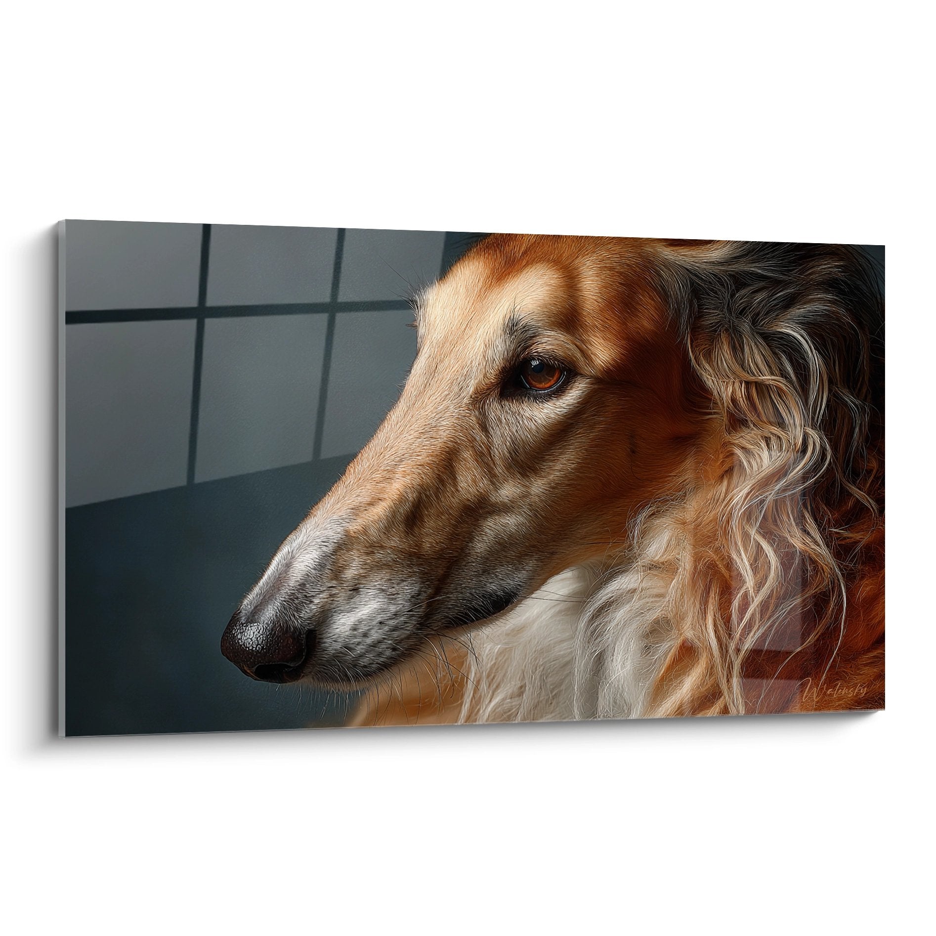 Portrait artistique de Barzoi en profil aux tons cuivrés et dorés sur fond géométrique carrelé gris-bleu