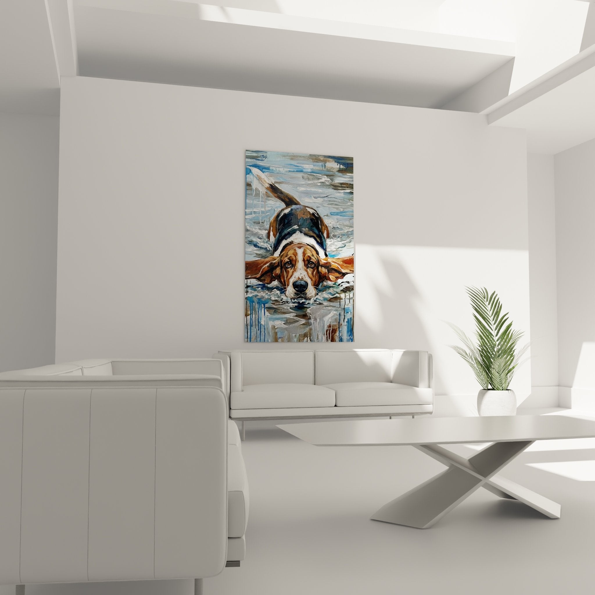 Detail portrait basset hound aquarelle yeux expressifs oreilles rousses eau cristalline