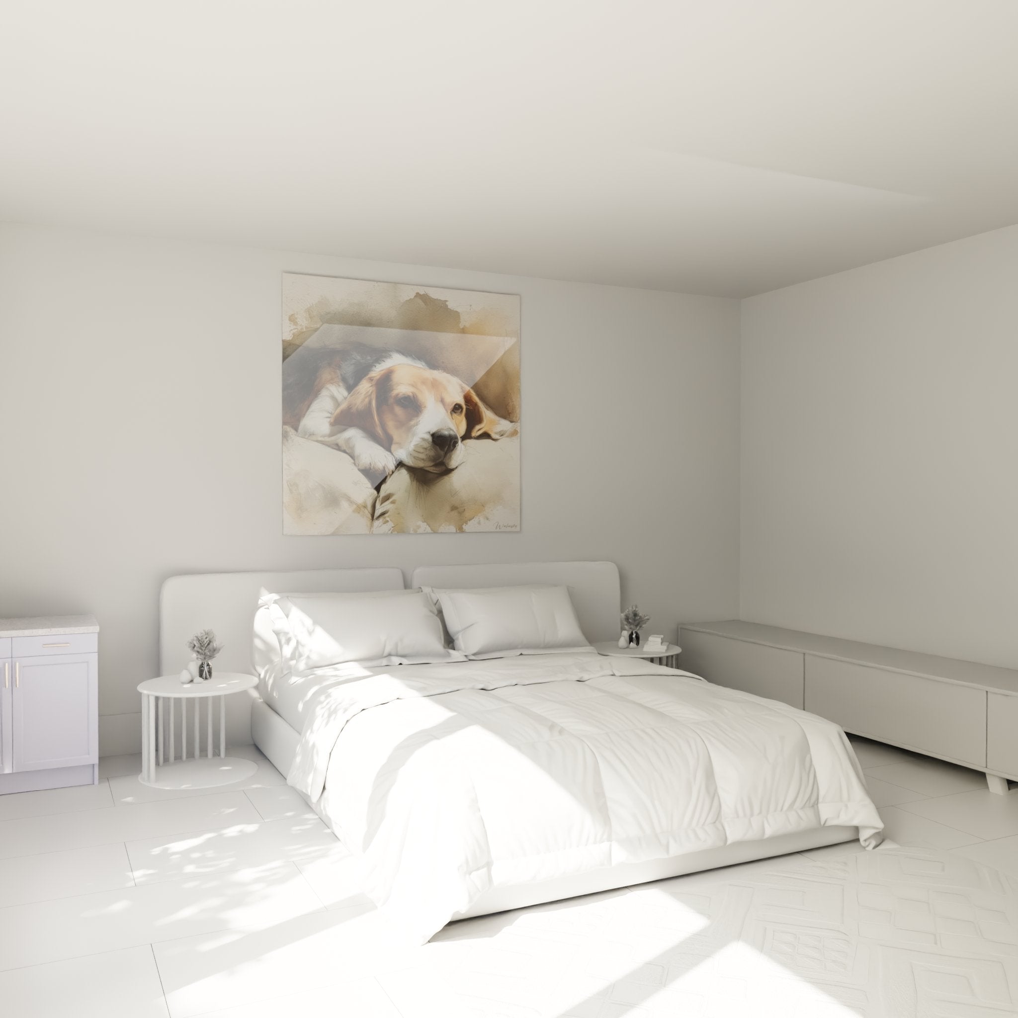 Portrait beagle paisible tons naturels decoration murale chambre ambiance douce