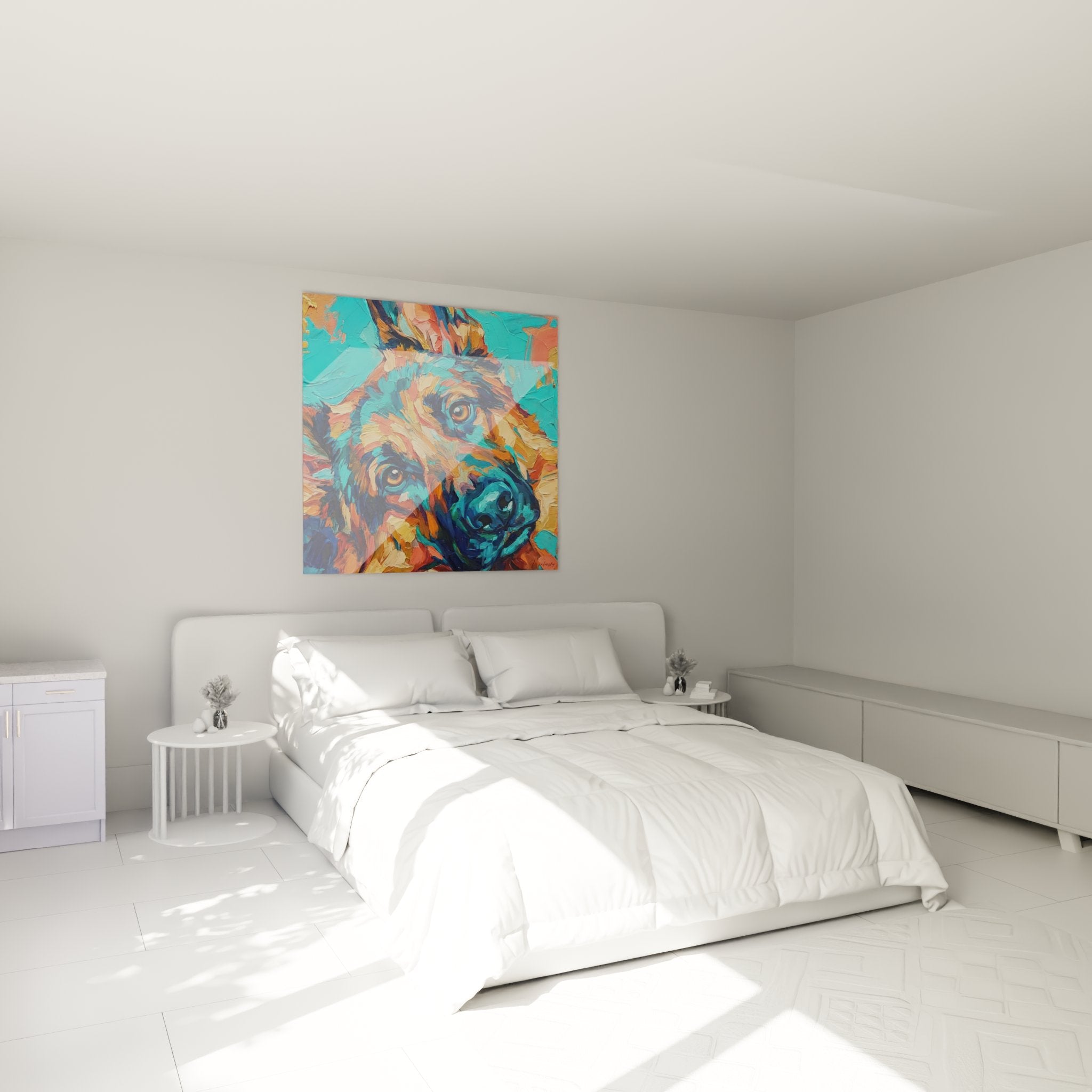 Colorful German Shepherd portrait in modern bedroom with contemporary wall décor