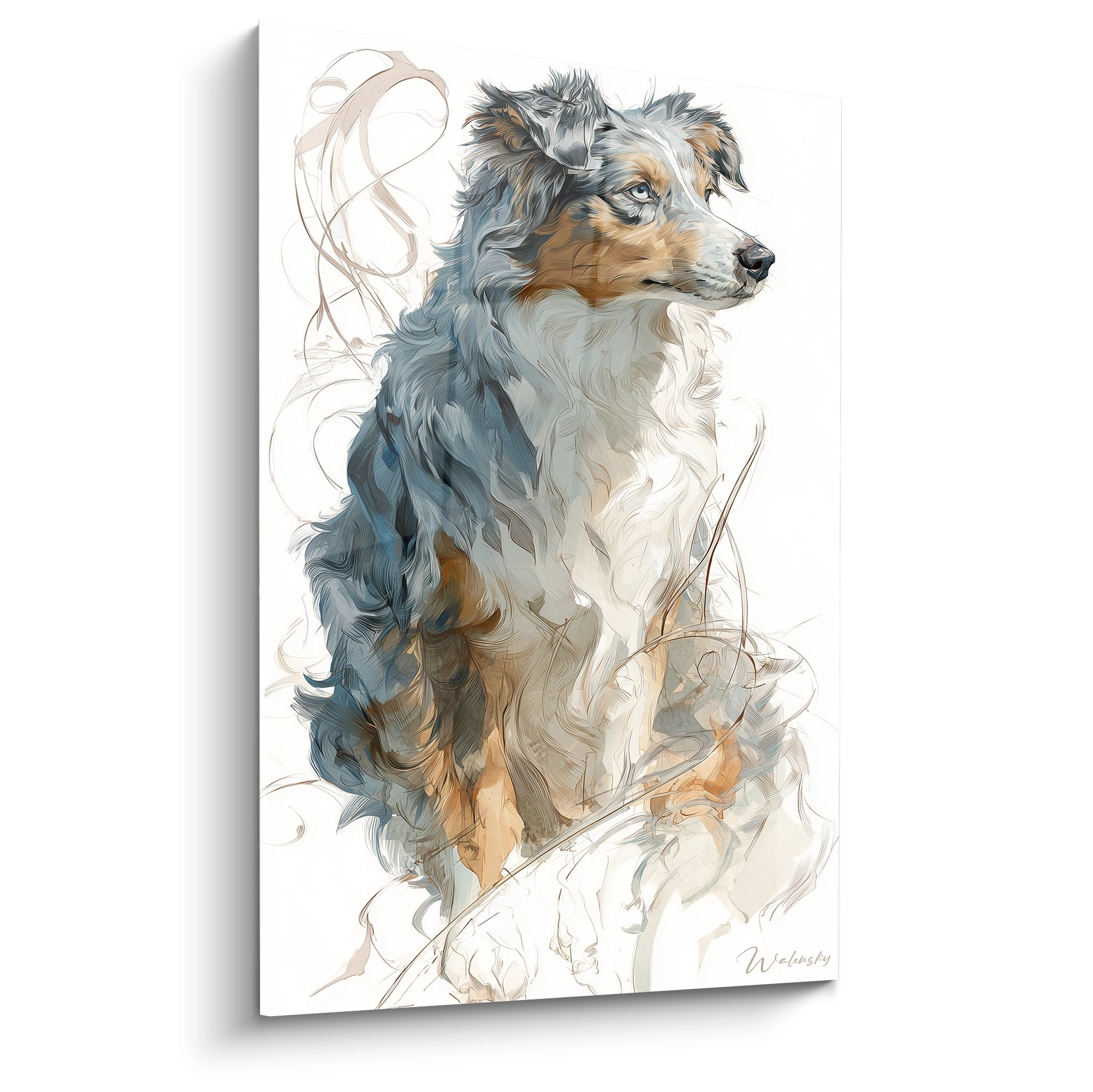 Künstlerisches Porträt Australian Shepherd tricolor mit goldenen Arabesken auf purem weißen Hintergrund