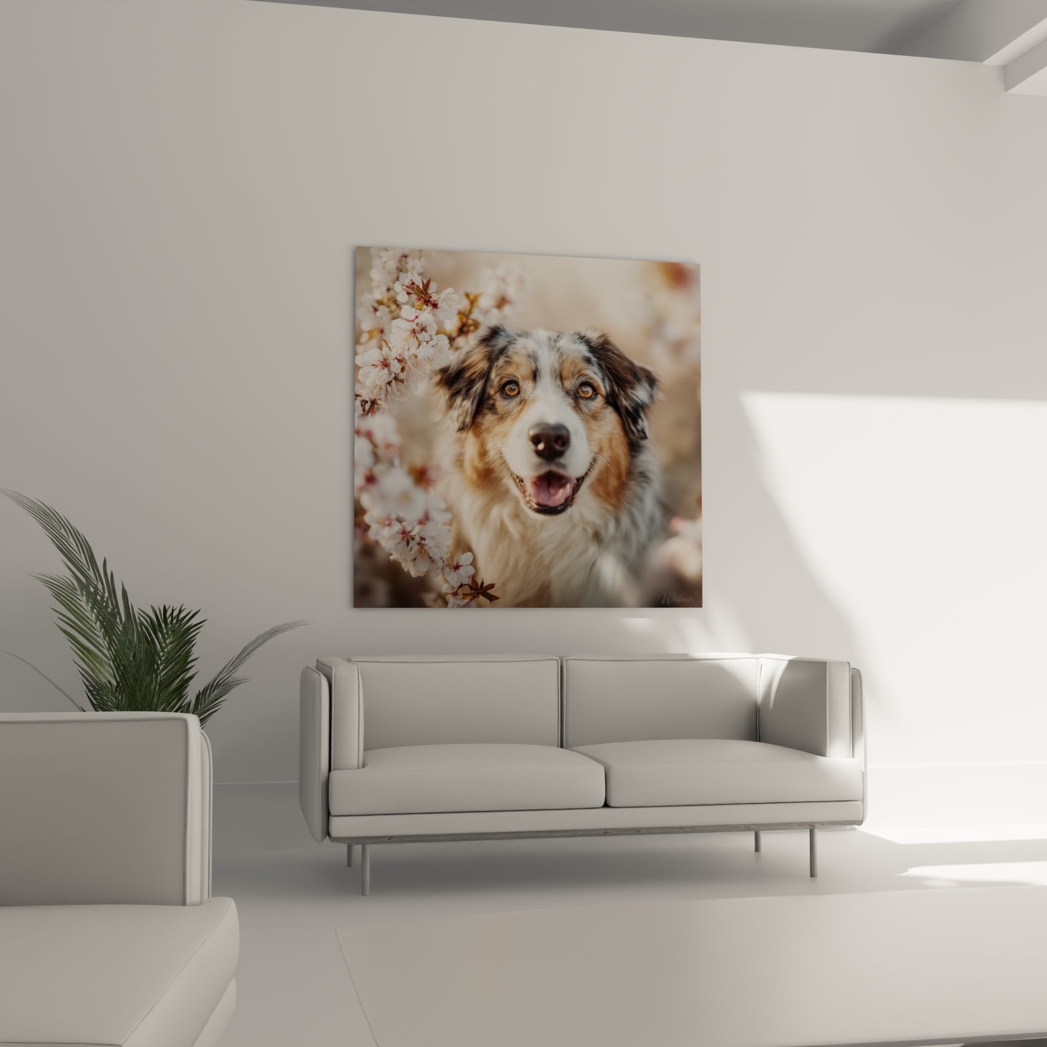 Nahaufnahme Australian Shepherd dreifarbiges Fell schwarz braun weiß bernsteinfarbener ausdrucksstarker Blick detaillierte weiße Kirschblüten